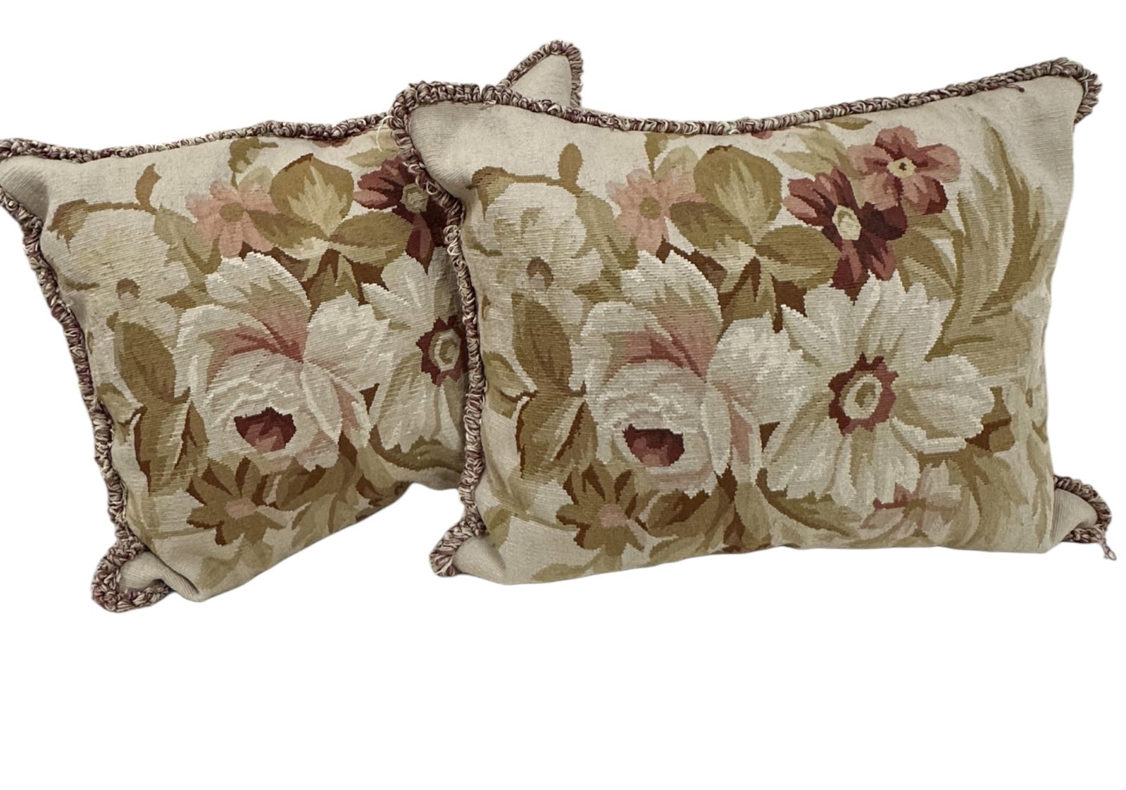 PAIR OF AUBUSSON TAPESTRY PILLOWS: Pair of Vintage Floral Aubusson Tapestry PIllows. Measures 22 1/2" x 19". Total Weight 9 lbs. PROVENANCE: The Historic Clelia Peronneau McGowan House, St. Michael's Alley, Charleston SC
