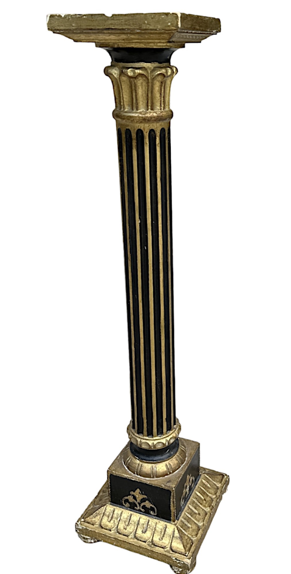 VINTAGE ITALIAN FLORENTINE GILT WOOD PEDESTAL: Vintage Baroque Style Giltwood Ebonized Pedestal. Hand made by Florentia, Italy. Measures 9.5"x9.5"x38" tall