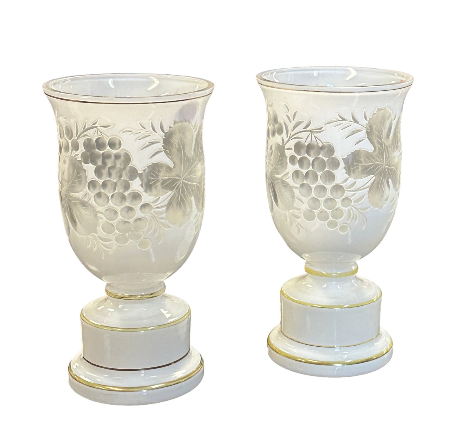 PAIR OF BOHEMIAN CZECH WHITE CUT TO CLEAR VASES: Stunning Pair of Vintage Frosted White Cut to Clear Bohemian Vases with gilt trim. Grape Vine and Grape Pattern. Both marked Czechoslovakia. Each 4.75"x4.75"x8.75". Weight combined 4 lbs.