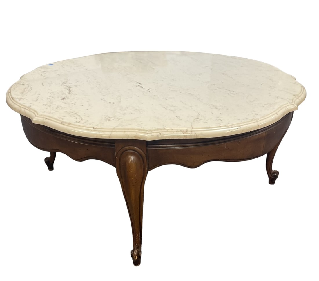 MID CENTURY FRENCH PROVINCIAL MARBLE TOP COFFEE TABLE: Mid Century French Provincial Marble Top Coffee Table. Measures 35"x35"x16".