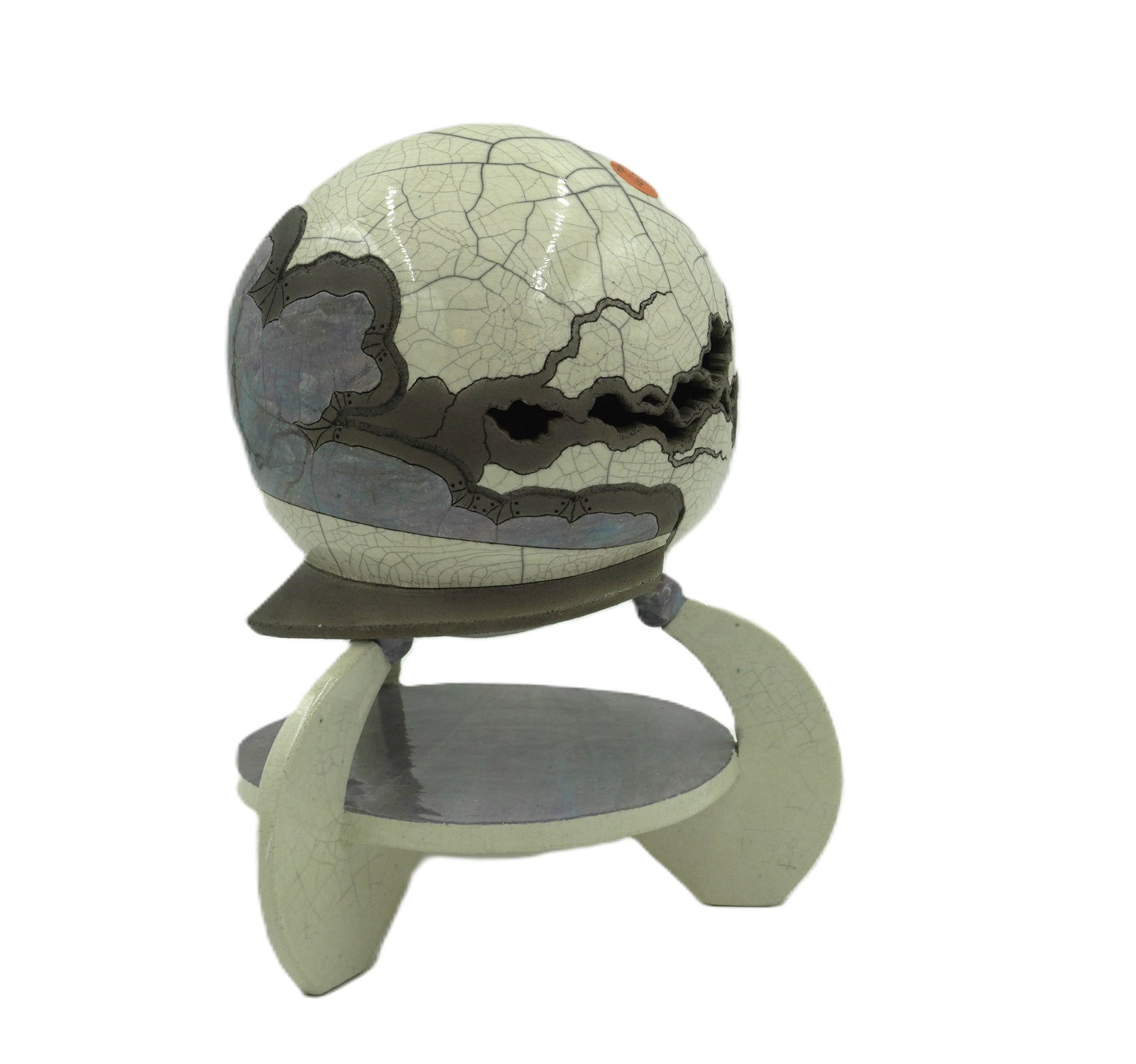 BILL HERB RAKU POTTERY GLOBE: Bill Herb (American/Florida, Contemporary) Raku Pottery Globe on Stand. With overall intentionally crazed rounded body and relief and pierced accents.Bill Herb graduated from the University of South F