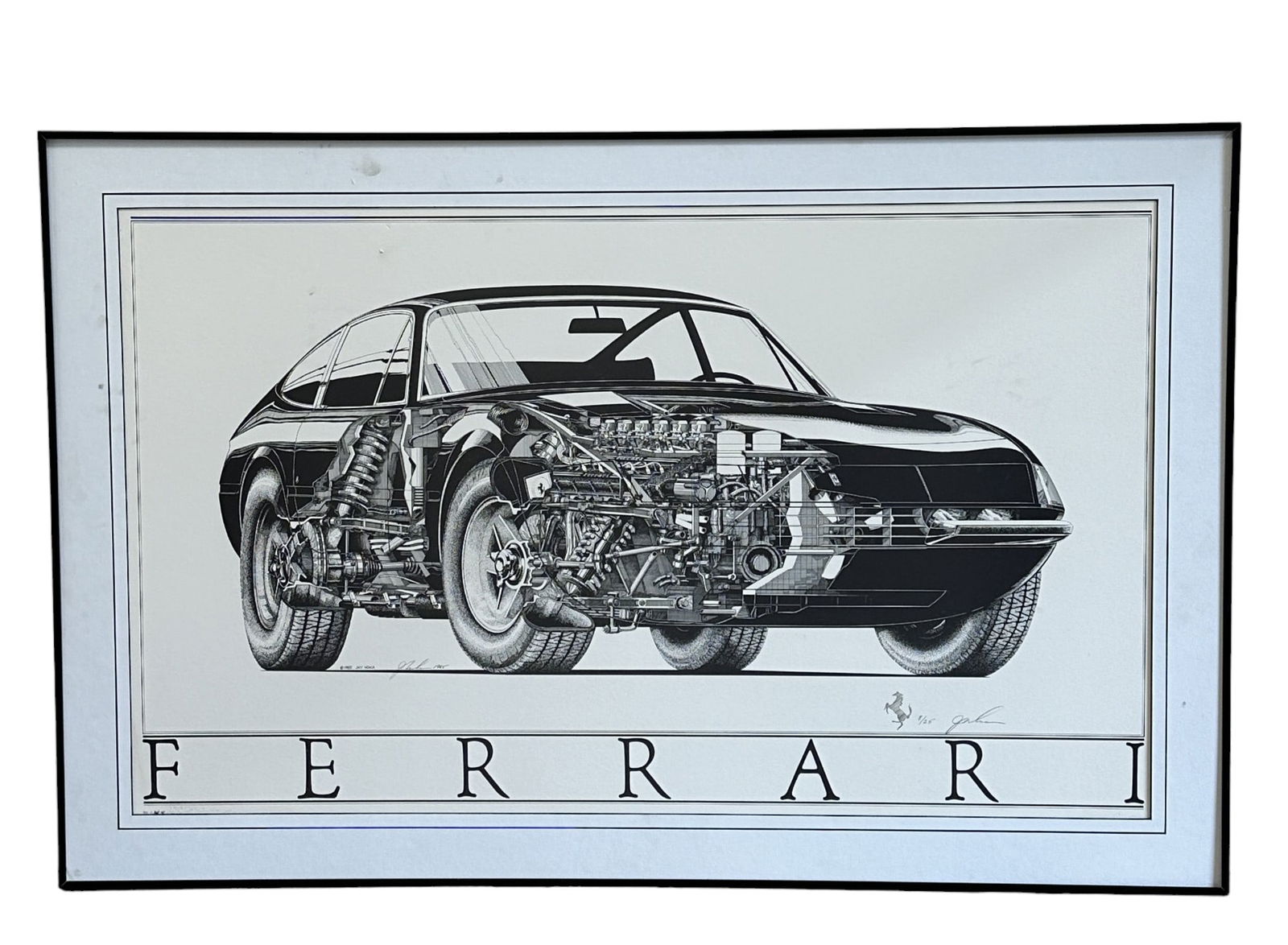 JAY KOKA CUTAWAY PRINT OF FERRARI DAYTONA SIGNED: 1985 Jay Koka Cutaway Ferrari Print Signed and Numbered 8/25. Measures 26"x40". Total weight 15 lbs. PROVENANCE: Terri Henning, The Peoples Building Penthouse,18 Broad Street, Charleston SC