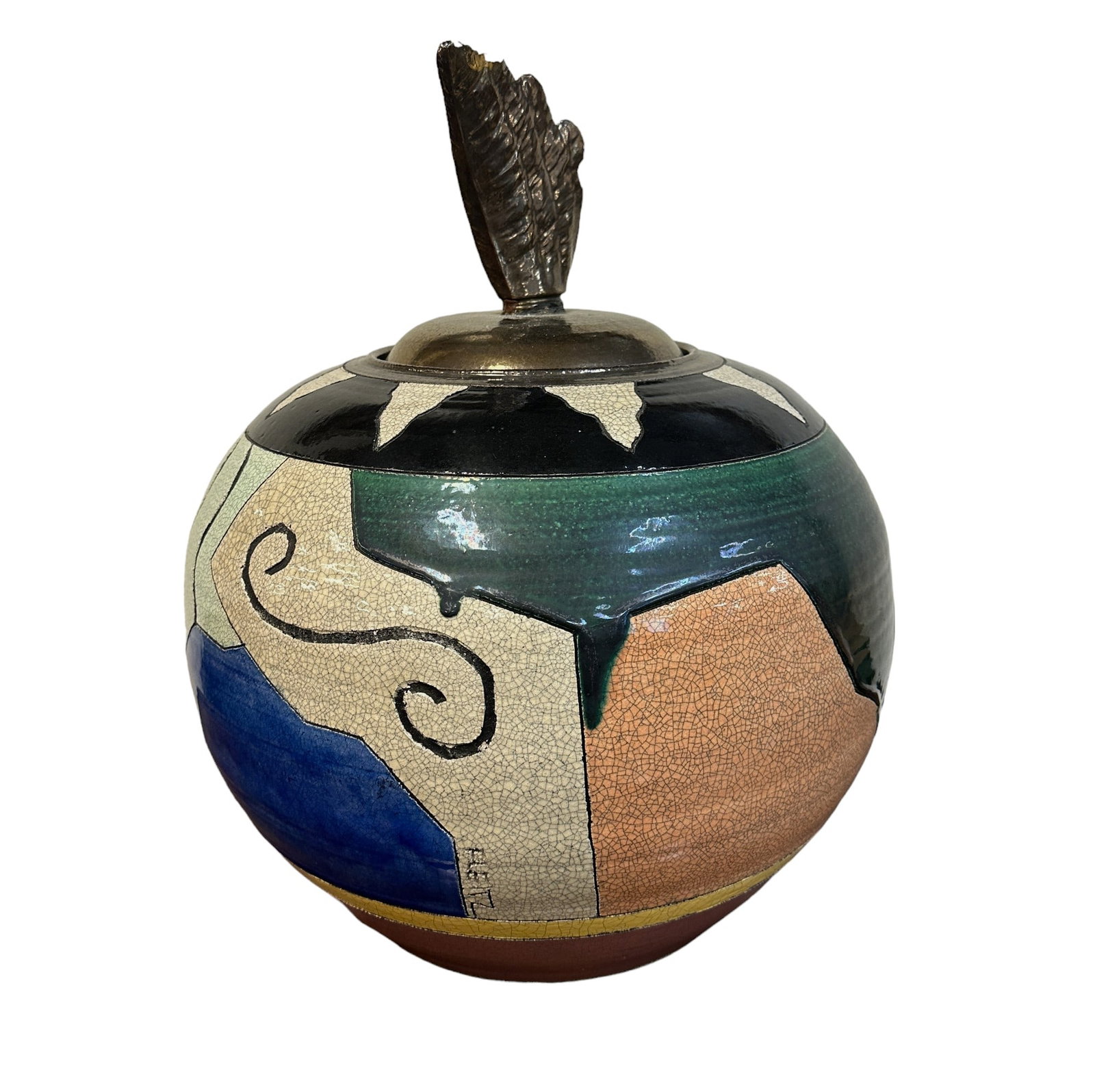 LARGE STEPHEN FLEITZ FEATHER CERAMIC POT / URN: Large Stephen Fleitz Feather Ceramic Lidded Pot. Feather finial and geometric patterns circle around the pot. Measures 15"x15"x20". Weight approximately 16 lbs. Operating from studios in Venice and Sa