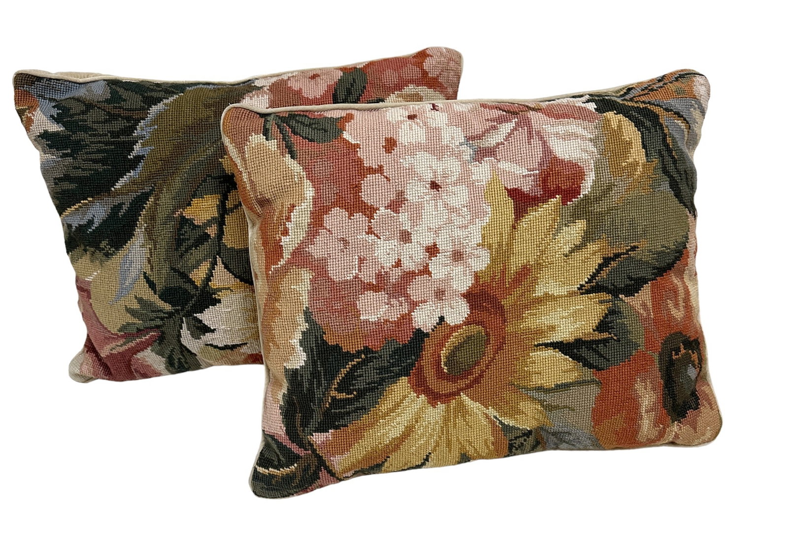 2 NEEDLEWORK DECORATIVE FLORAL PILLOWS: Pair of Vintage Needlepoint Pillows Measures 18" x 15". Total Weight 4 lbs. PROVENANCE: The Historic Clelia Peronneau McGowan House, St. Michael's Alley, Charleston SC