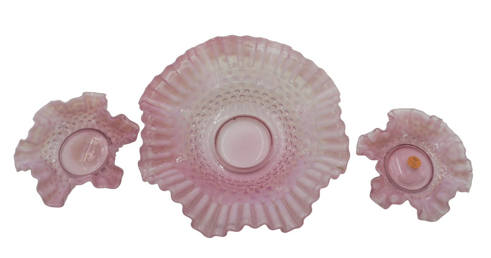3 PC EARLY FENTON CRANBERRY OPALESCENT MASTER BERRY +: 3 Piece Early Fenton Glass Cranberry Hobnail Opalescent Master Berry Bowl 11"x11" and 2 matching Berry Bowls 6.25"x6.25". Hard to find set. Weight 3 lbs 2 oz