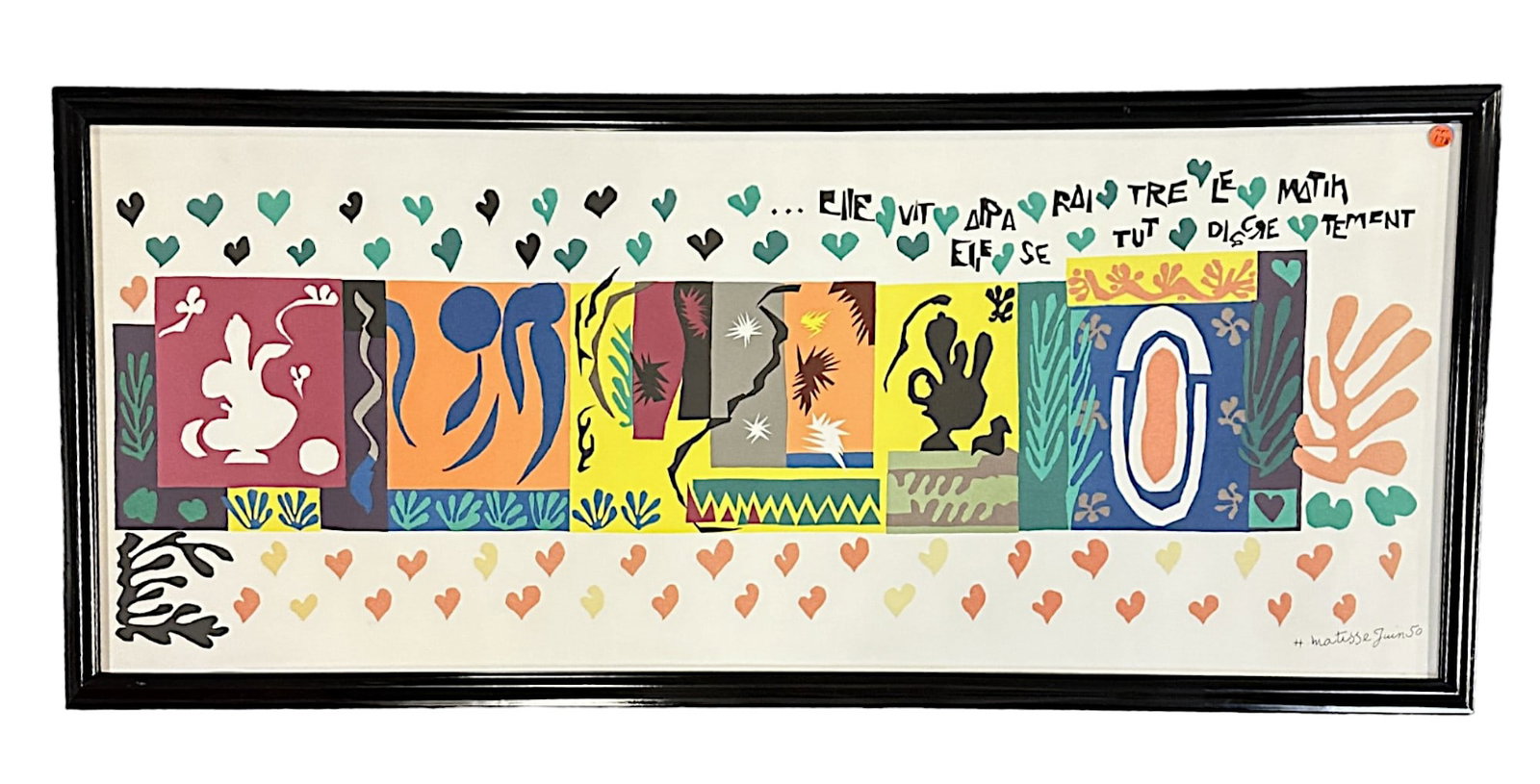 LARGE HENRI MATISSE ELLE VITA PARAITRE LE MATIN 1950 COLOR LITHO: Henri Matisse. Elle Vita Paraitre le Matin, June 1950. Colored lithograph. Signed and dated in the plate lower right. Professionally framed. In Frame measures 22"x50"x1.25". Weight 12 lbs.