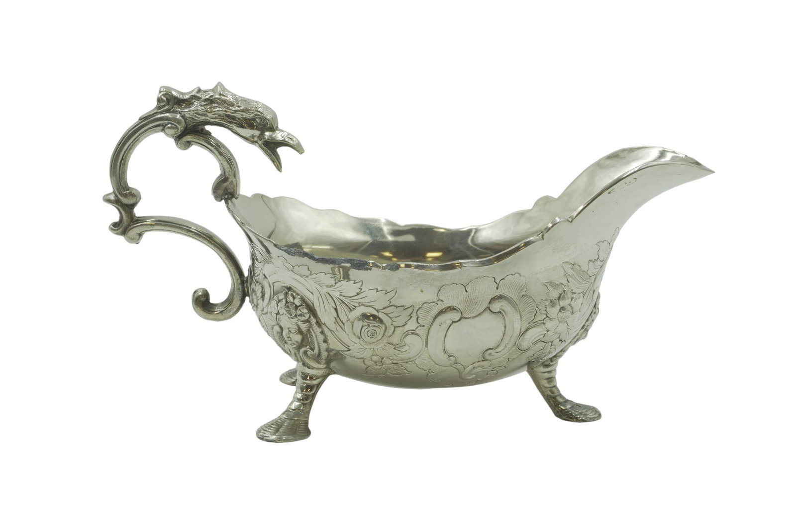 ORNATE FIGURAL SILVER PLATE SAUCE BOAT: Mid Century 1950 Corbel & Company EPNS Silver Plate Ornate Fabulous Figural Sauce / Gravy Boat. For those occasions when a simple gravy boat just will not do. Measures 9"x4.5"x5". Weight 1 lb 7 oz