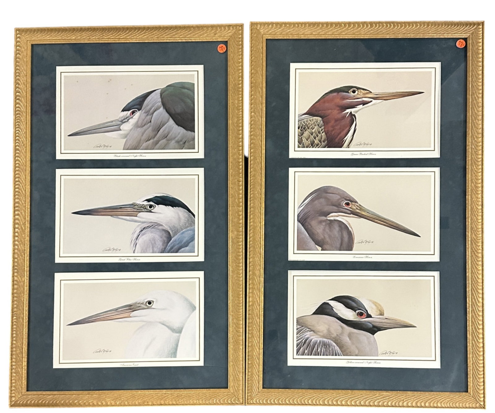PAIR FRAMED ART LAMAY HERON & EGRET PRINTS: 2 Framed Art LaMay Egret and Heron Triple Prints. In frames each 20.25"x34"x1". Weight combined 12 lbs.
