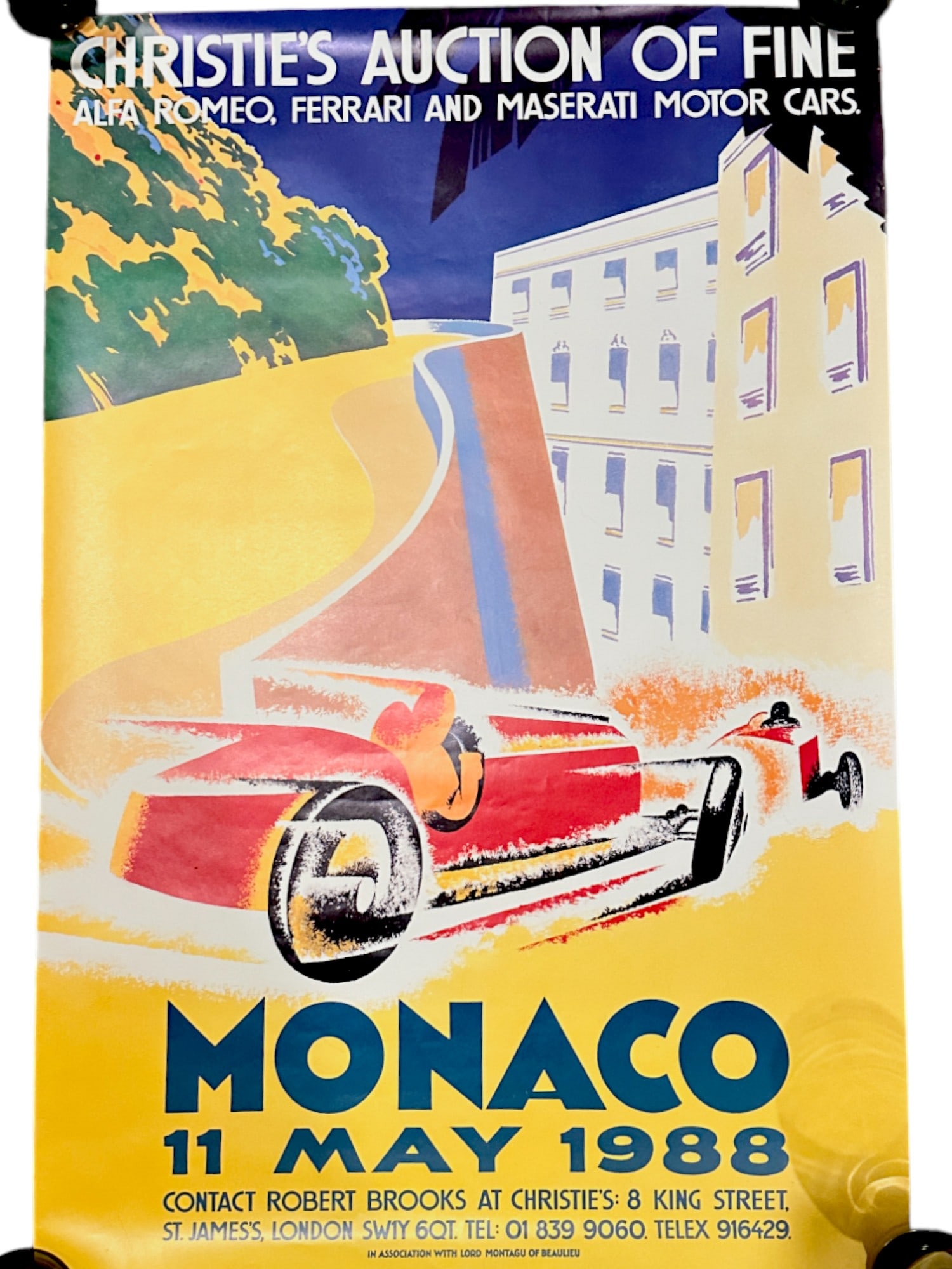1988 CHRISTIE'S MONACO ALFA ROMEO FERRARI MASERATI CAR AUCTION POSTER: Poster advertising the 1988 Christie's auction of fine Alfa Romeo, Ferrari and Maserati motor cars in Monaco, 11 May, organized in association with Lord Montague of Beaulieu. Poster features an Art De