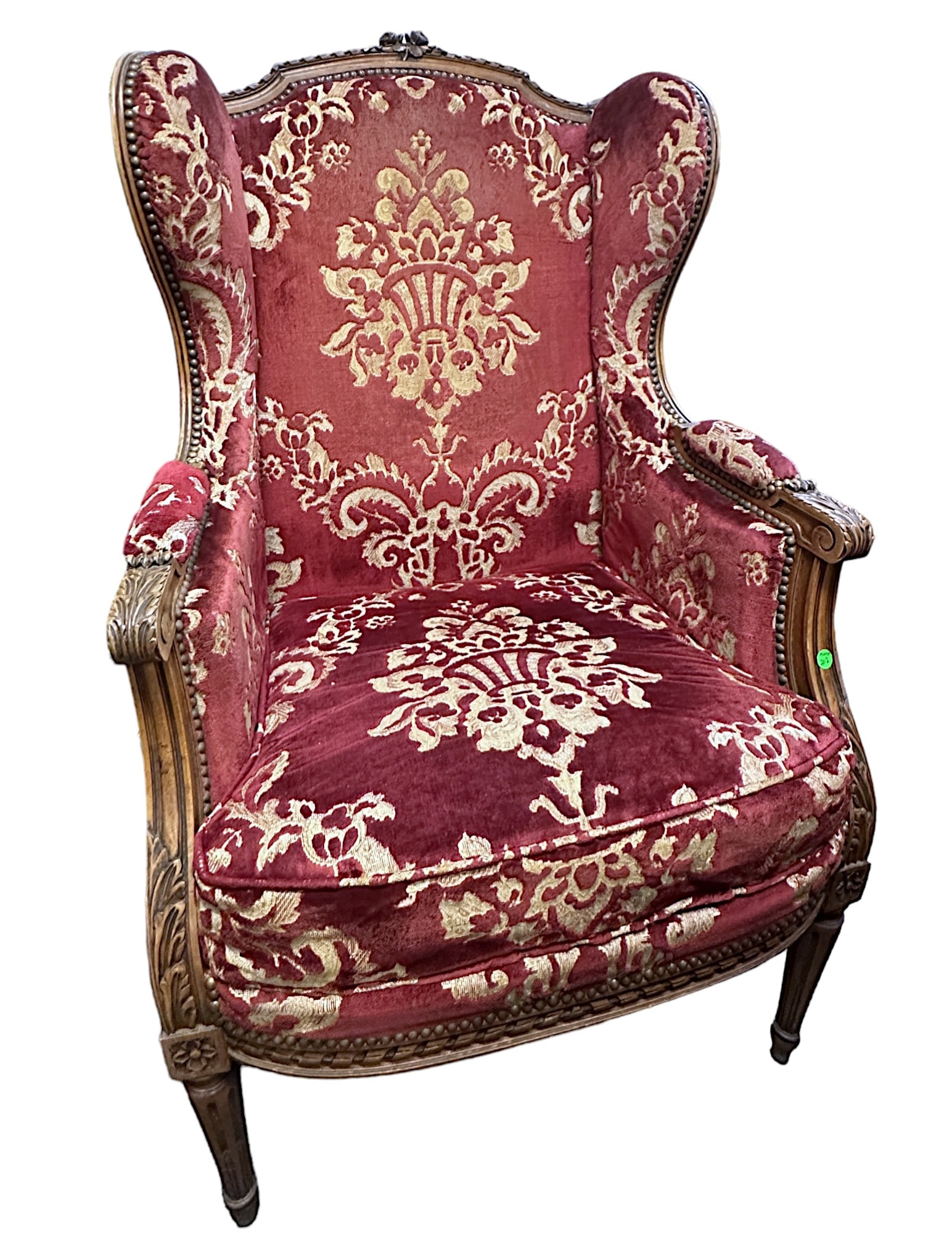 19th c LOUIS XVI RED VELVET DAMASK WINGBACK CHAIR: Antique 19th c. French Carved Wingback Chair upholstered in a Red Velvet Damask. 26.5" wide 22" deep and 44" tall. With Extra Pillow 25.5"x25.5"x4".