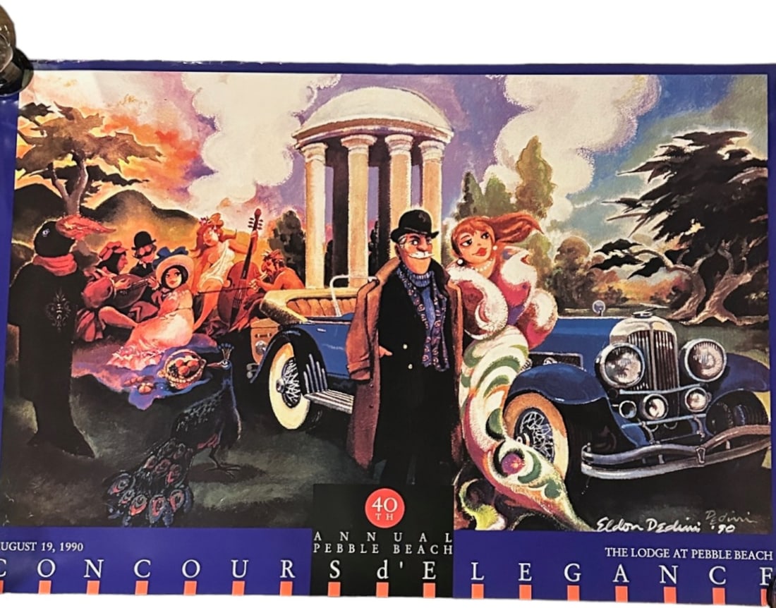 1990 PEBBLE BEACH CONCOURS ELDON DEDINI ROLLS-ROYCE POSTER: Original 1990 Pebble Beach Concours d'Elegance Poster Signed by Eldon Dedini. Measures 36" x 24". Total weight 4 oz. Unframed, rolled. PROVENANCE: Terri Henning, The Peoples Building Penthouse,18 Broa