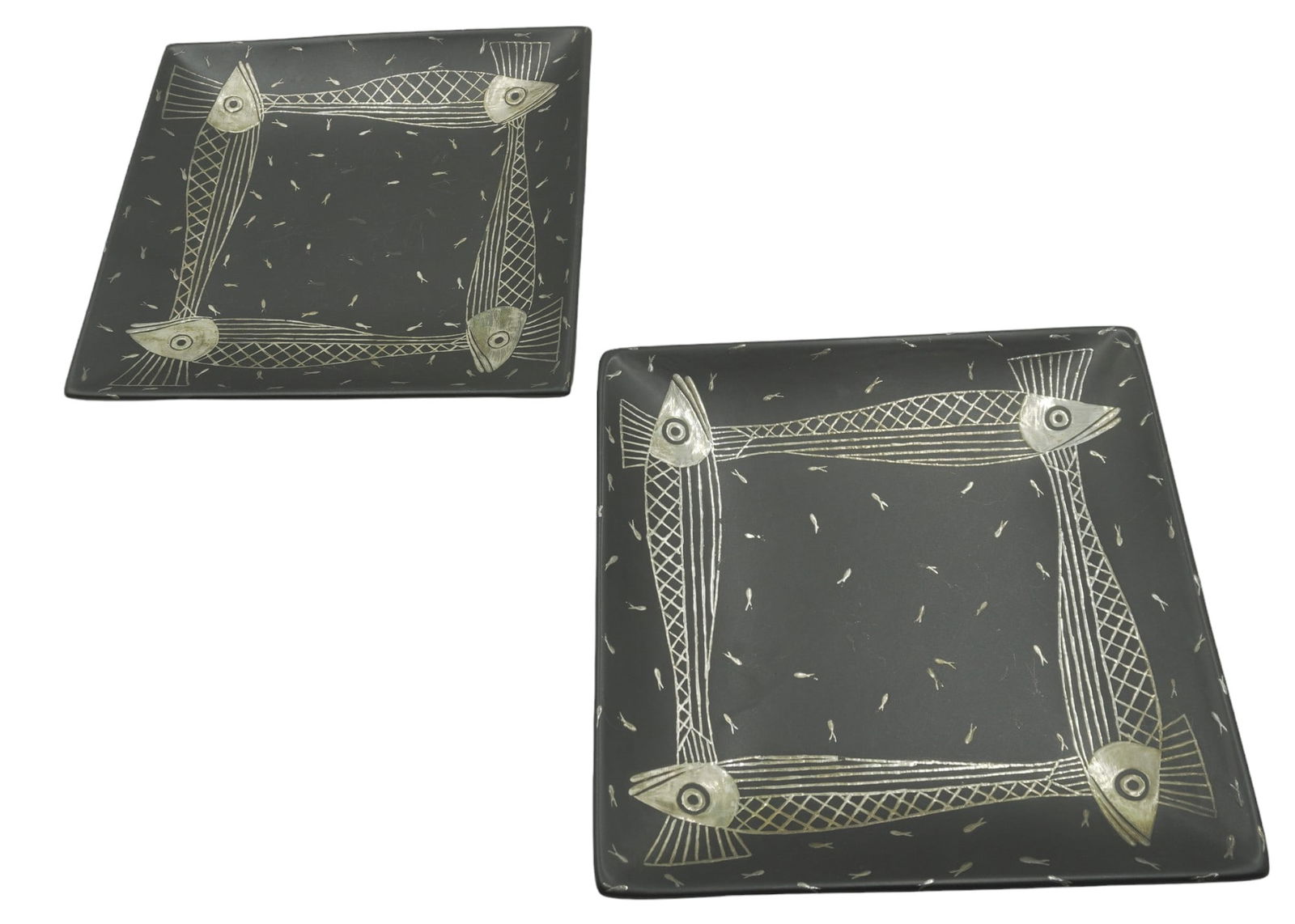 PAIR EMILIA CASTILLO SILVER OVERLAY PLATES: Emilia Castillo Pure Silver Overlay Fish Design Ceramic Plates. Daughter of renowned Mexican silversmith Antonio Castillo, Emilia inherited the talent and ability to create. As a child growing up in h