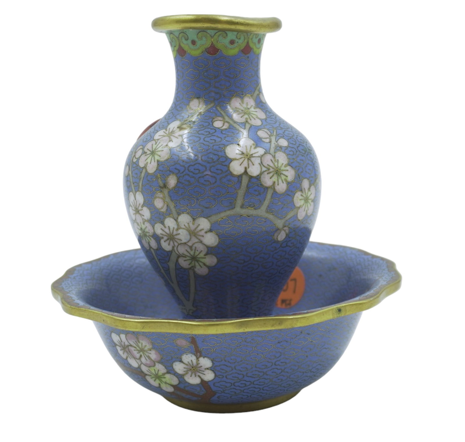 BEAUTIFUL SET OF BLUE JAPANESE CHERRY BLOSSOM CLOISONNE VASE AND BOWL: Beautiful vintage Blue Japanese Cherry Blossom Cloisonn? bowl and vase, circa 1940s. Vase measures 5.5" tall and 2.75" in diameter. Bowl measures 5" in diameter and 1.75" tall. Total lot weight is 14.