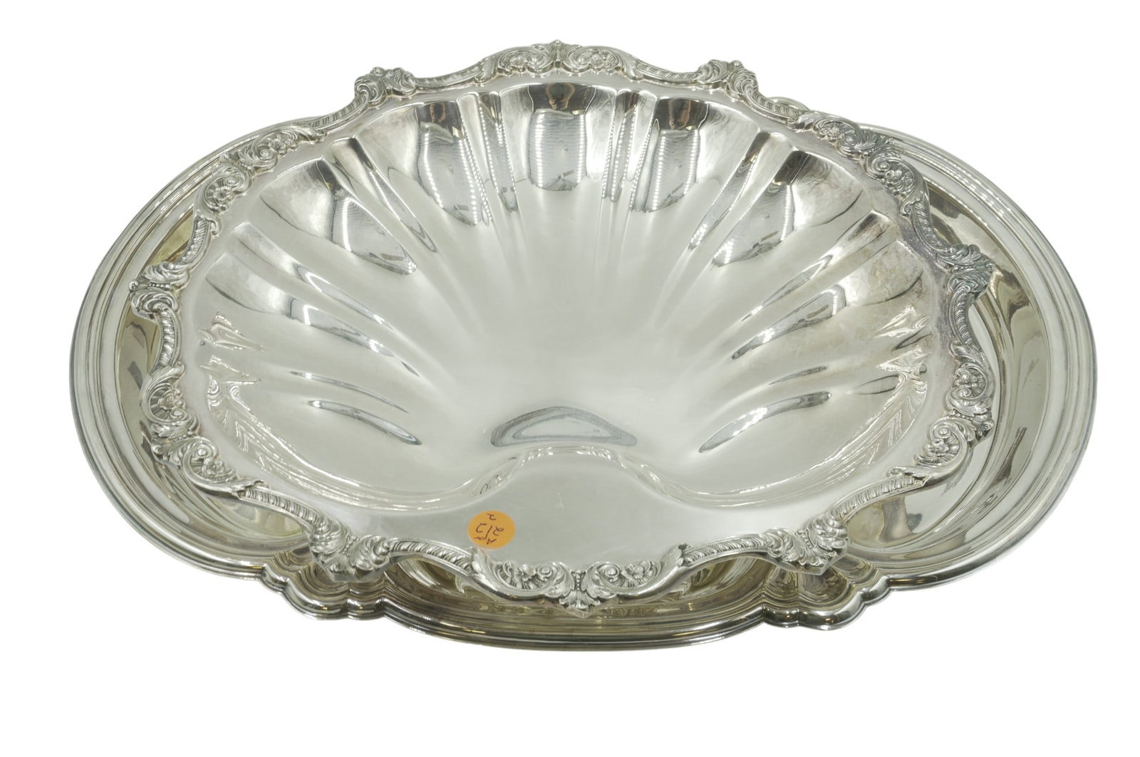 2 SILVER PLATED SERVING TRAY & BOWL: 1 - International Silver Medium Silver Plated 3-Part Platter Chadwick 20". 2- Wallace Old English Silver Plates Large Shell Footed Bowl 16". Weight combined 6 lbs 6 oz.