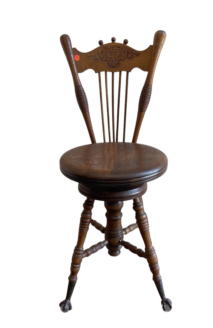 ANTIQUE GLASS BALL BRASS FOOT PIANO STOOL/ CHAIR: Antique Charles Parker Mfg., Meriden, CT Oak Piano Chair with Glass Ball & Brass Claw Feet. Adjustable Height Seat (Music Chair). Measures 15.5"x17"x36".