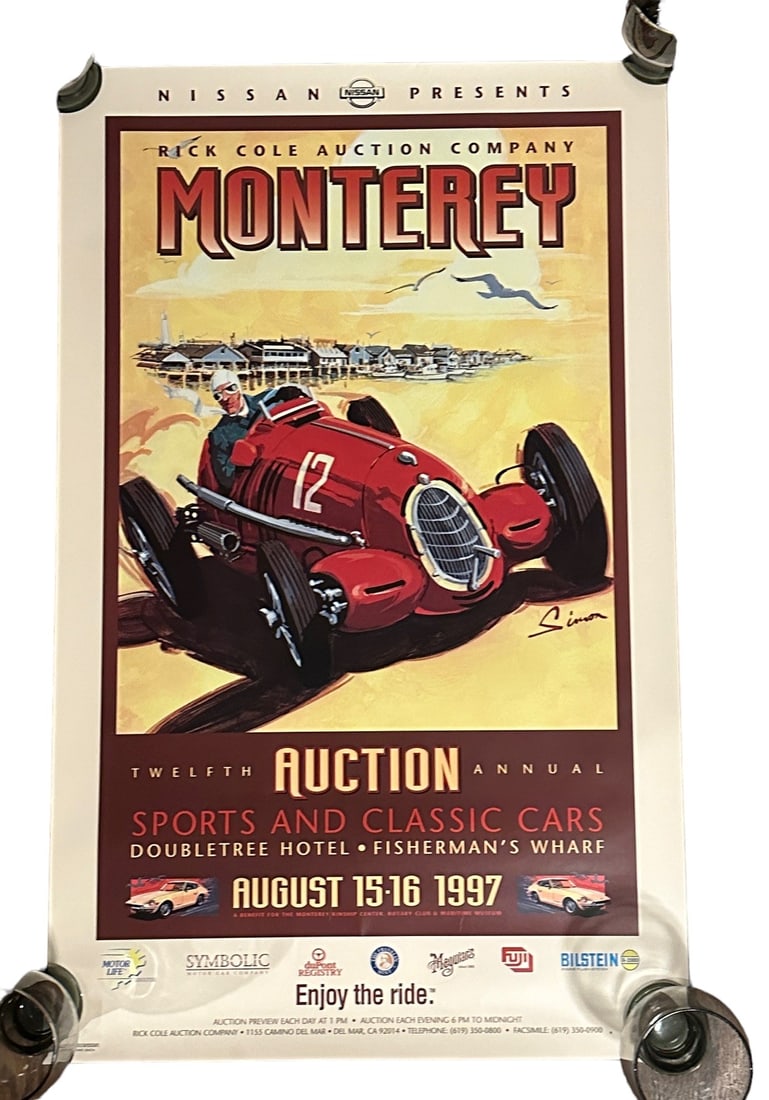 1997 RICK COLE MONTEREY ALFA ROMEO AUCTION POSTER/ DENNIS SIMON: 1997 Event Poster for the 12th Annual Rick Cole Auction of Classic Sports and Racing Cars. Poster features an Alfa Romeo 8C-35 Grand Prix race car with the Monterey waterfront in the background by aut