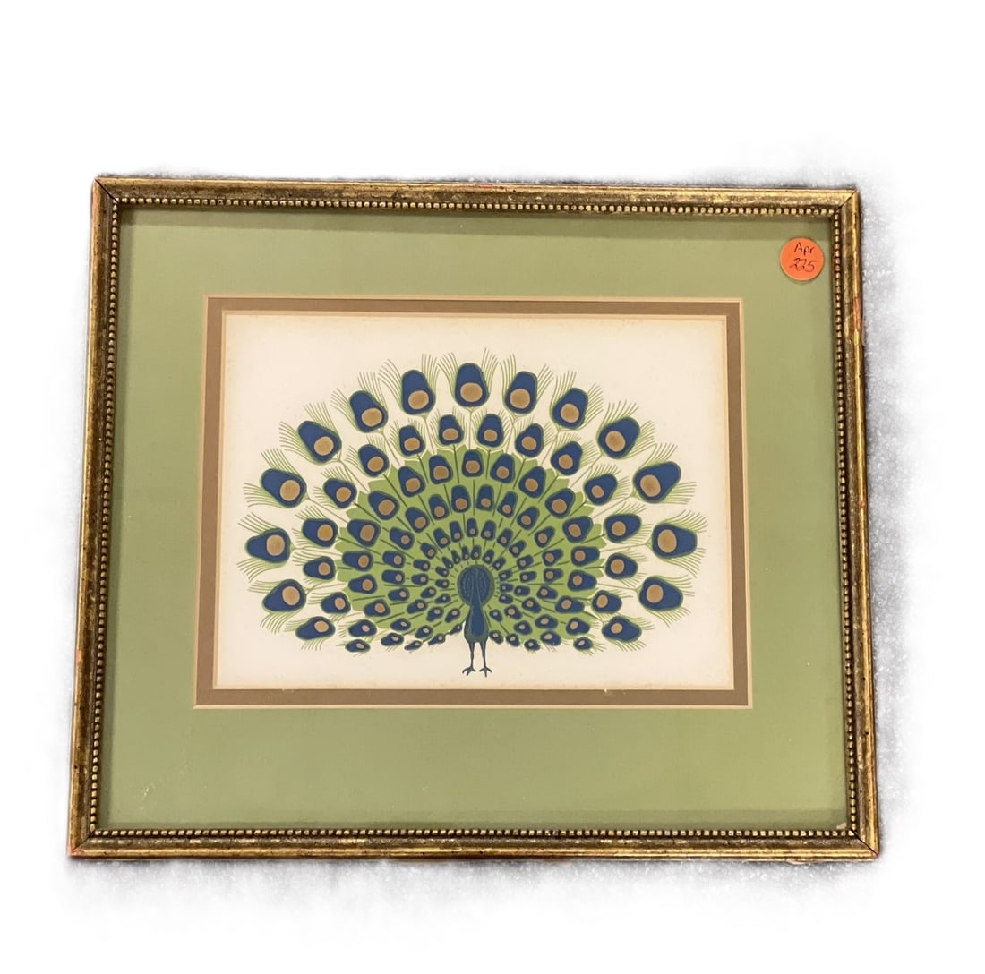 MCM PEACOCK GOUACHE / WATERCOLOR PAINTING FRAMED: MCM Peacock Painting, green, blue, gold. Unsigned. In frame 13.25"x11.5"x1/2". Weight 1 lb 11 oz