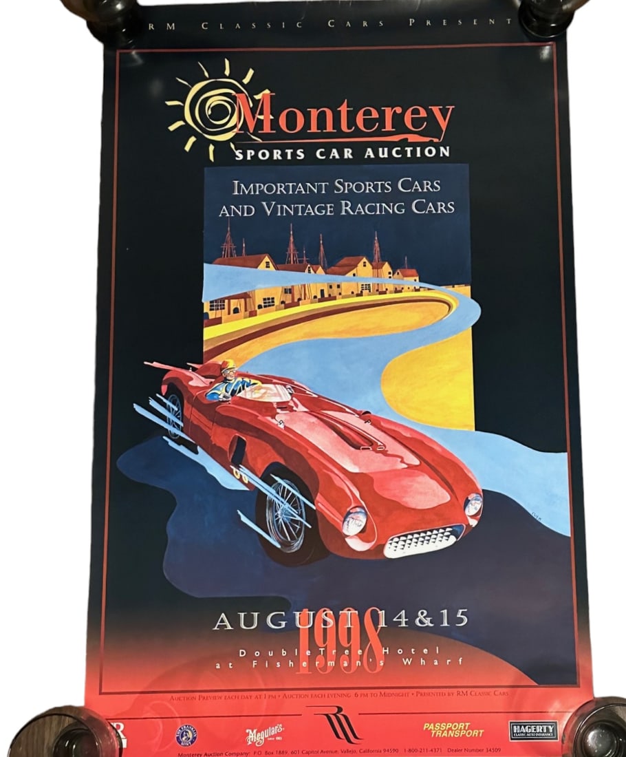 1998 RICK COLE MONTEREY AUCTION POSTER 1956 FERRARI 500 TESTA ROSSA SCAGLIETTI: Promotional poster for the 1998 RM Monterey Auction held in conjunction with the events surrounding the Pebble Beach Concours in August. Poster features a 1956 Ferrari 500 Testa Rossa bodied by Scagli