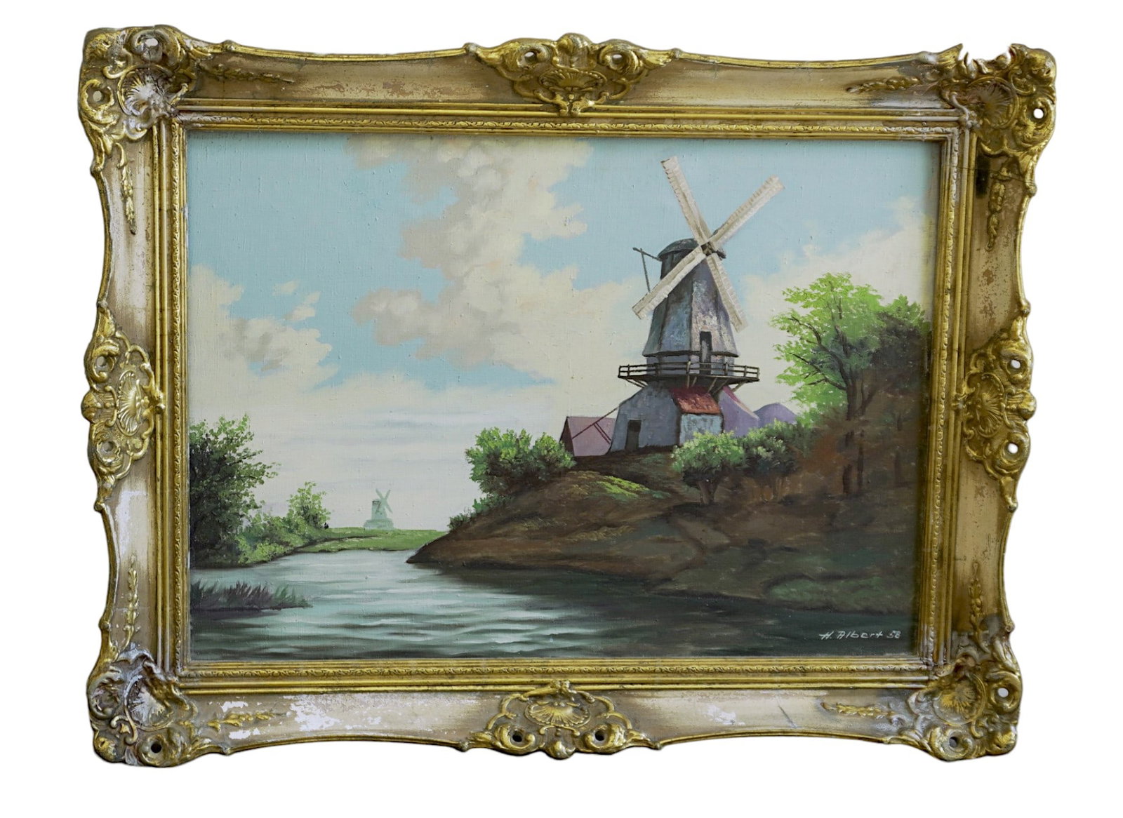 H ALBERT MID CENTURY WINDMILL PAINTING 1958: Mid Century Oil on Canvas Windmill signed H. Albert and dated 58. In gesso composite frame. Measures in frame 33.5"x26"x3". Weight 14 lbs