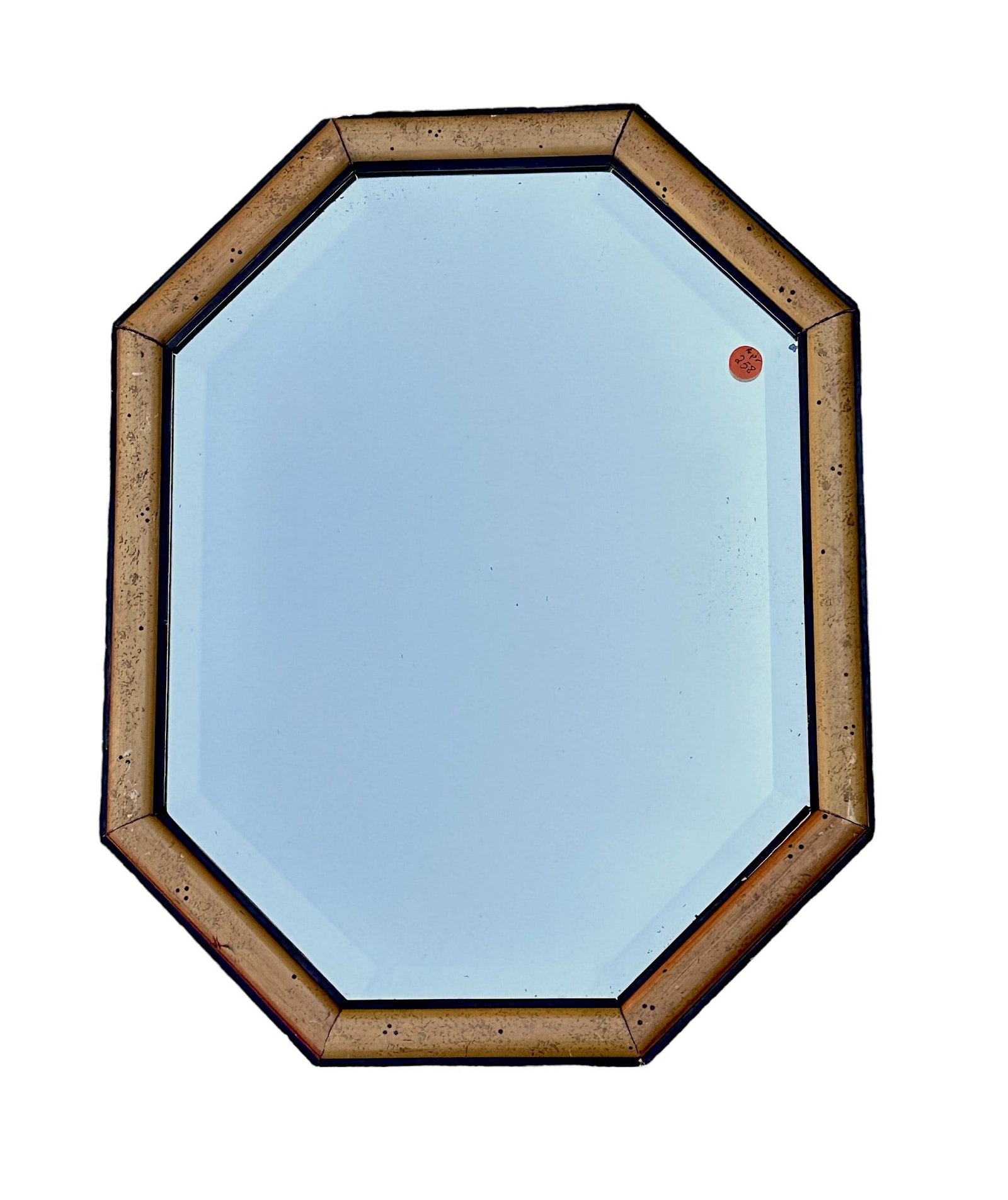 MID CENTURY OCTAGONAL MIRROR BELGIUM: Mid Century Beveled Paint Decorated Mirror from Belgium. Measures 21"x16.5"x1". Weight 6 lbs