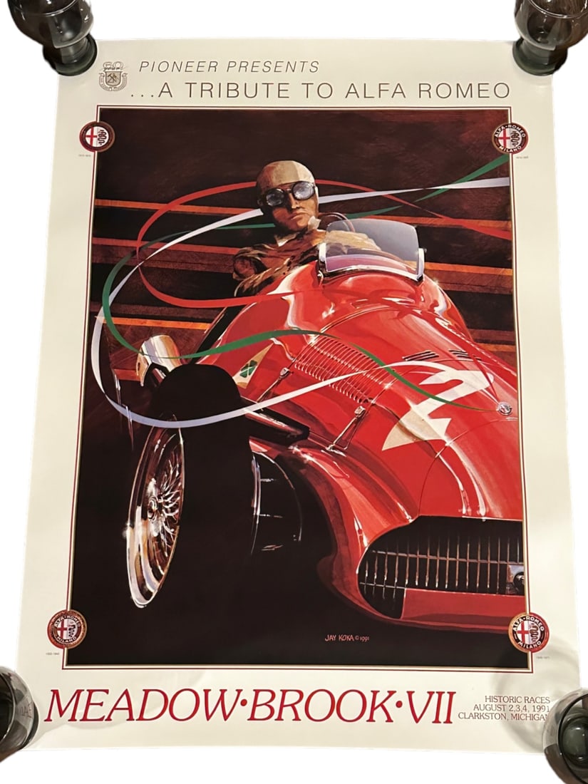 1991 MEADOW BROOK HISTORIC RACES VII ALFA ROMEO 158 JAY KOKA POSTER: Fantastic poster promoting the 7th annual Meadow Brook Historic Races, held in conjunction with the Concours d'Elegance at Meadow Brook Hall, August 2-4, 1991. This beautiful poster features a strikin