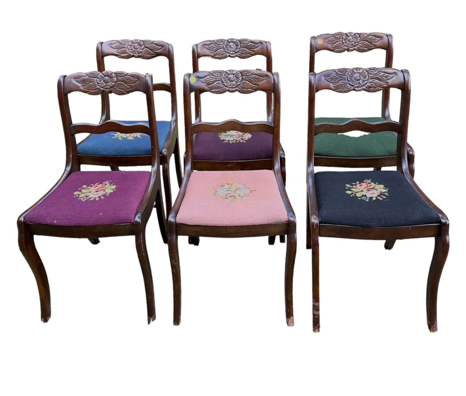 6 TELL CITY MAHOGANY CARVED DUNCAN PHYFE CHAIRS: 1940’s American Tell City Mahogany Duncan Phyfe Carved Rose Chair with Needlepoint Seat, Set of 6. Each 16"x19"x34"..