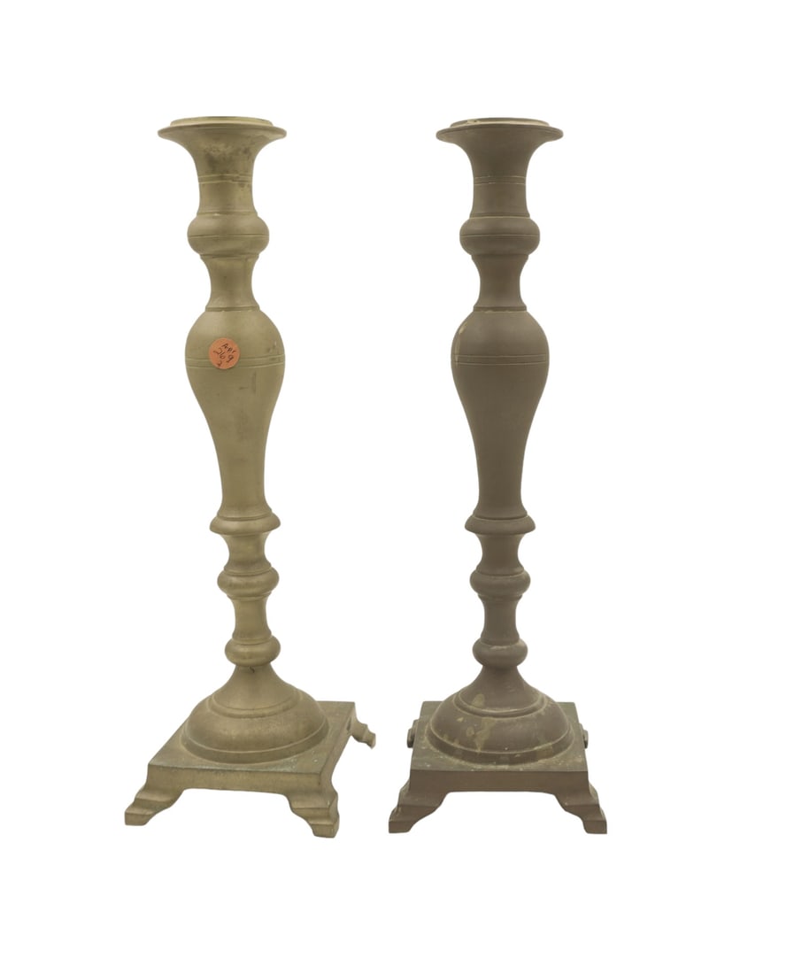 ANTIQUE BRONZE ALTAR CANDLESTICKS: Pair Antique Bronze / Brass Altar Candlesticks. Each 5.5"x5.5:x17.25". Combined weight 6 lbs 6 oz.