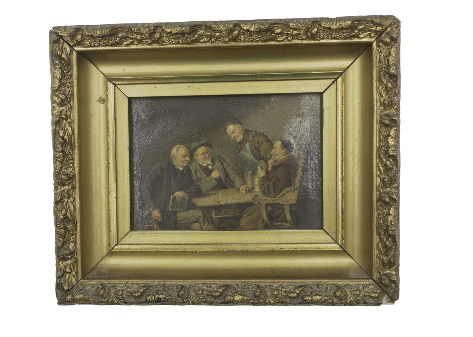 ANTIQUE FRAMED EDUARD VON GRUTZNER PRINT: Eduard von Grutzner (1846 - 1925) Print on Canvas. Monk playing cards. c. 1890. In gilt wood frame. Measures 8.5"x7"x2". Weight 1 lb 2 oz.