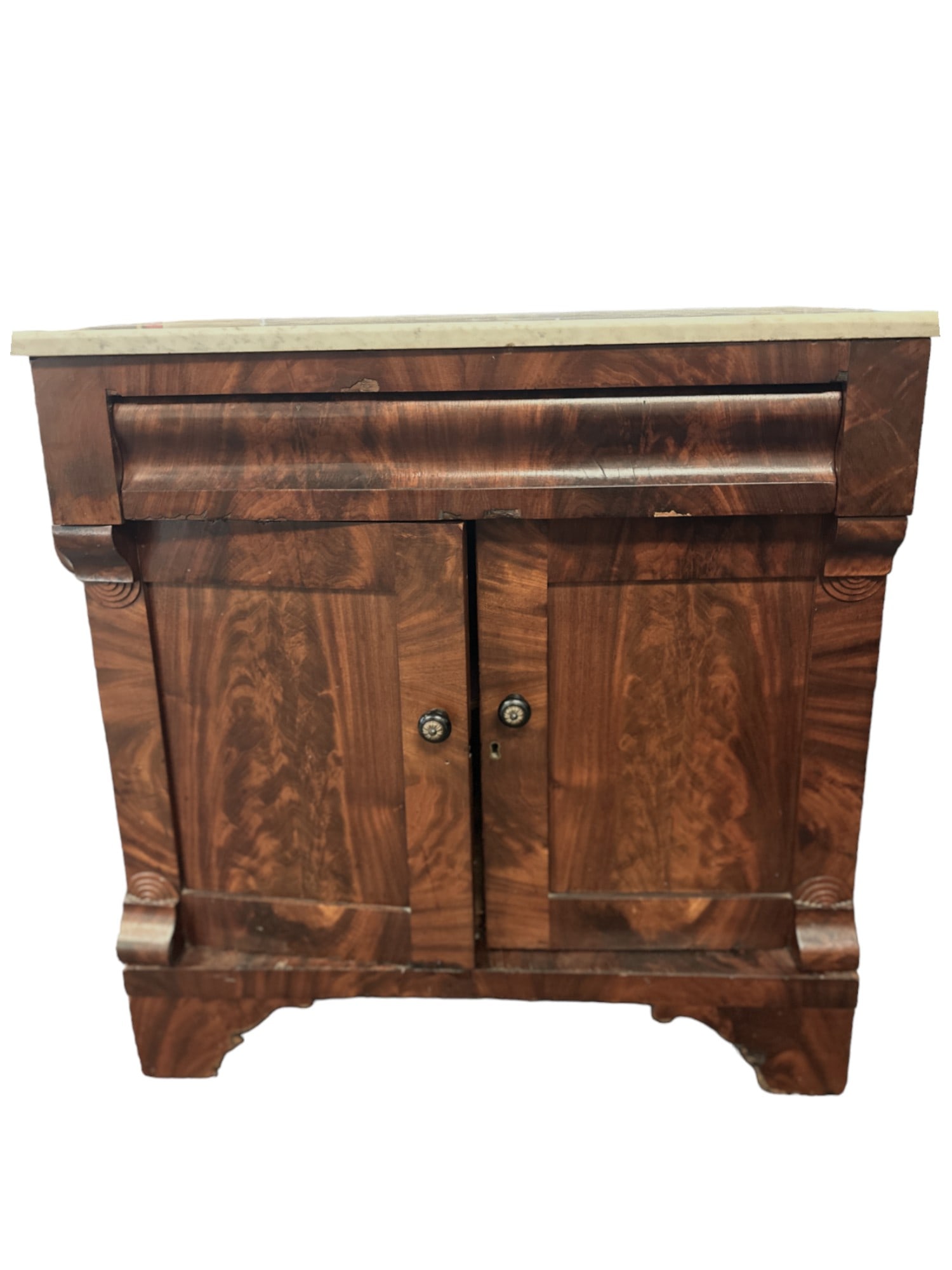 ANTIQUE FLAME MAHOGANY MARBLE TOP DRY SINK: Antique American Flame Mahogany Marble top washstand. Measures 30"x17.5"x30.5"