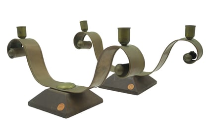 PAIR OF HECTOR AGUILAR TAXCO, MEXICO, COPPER & BRASS CANDELABRAS
