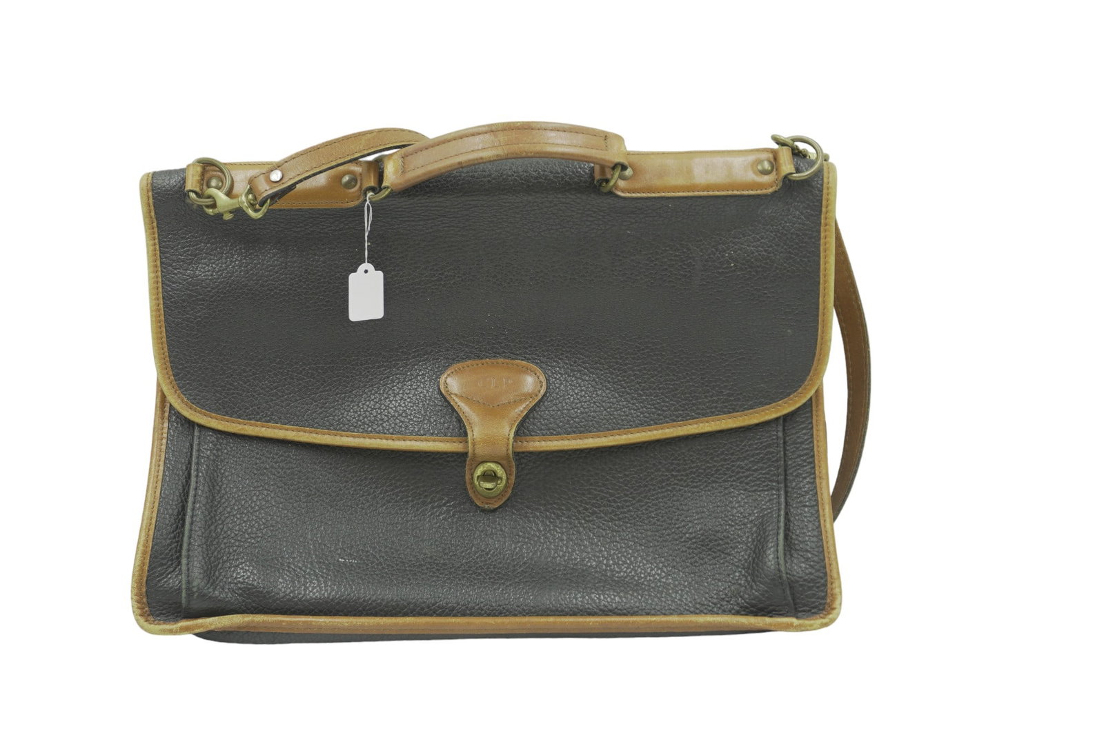 VINTAGE JACK GEORGES LEATHER BRIEFCASE: Vintage Leather Jack Georges Briefcase, made in the U.S.A. with brass hardware and CLP initials on front clasp. Lot weight is about 2 lbs.