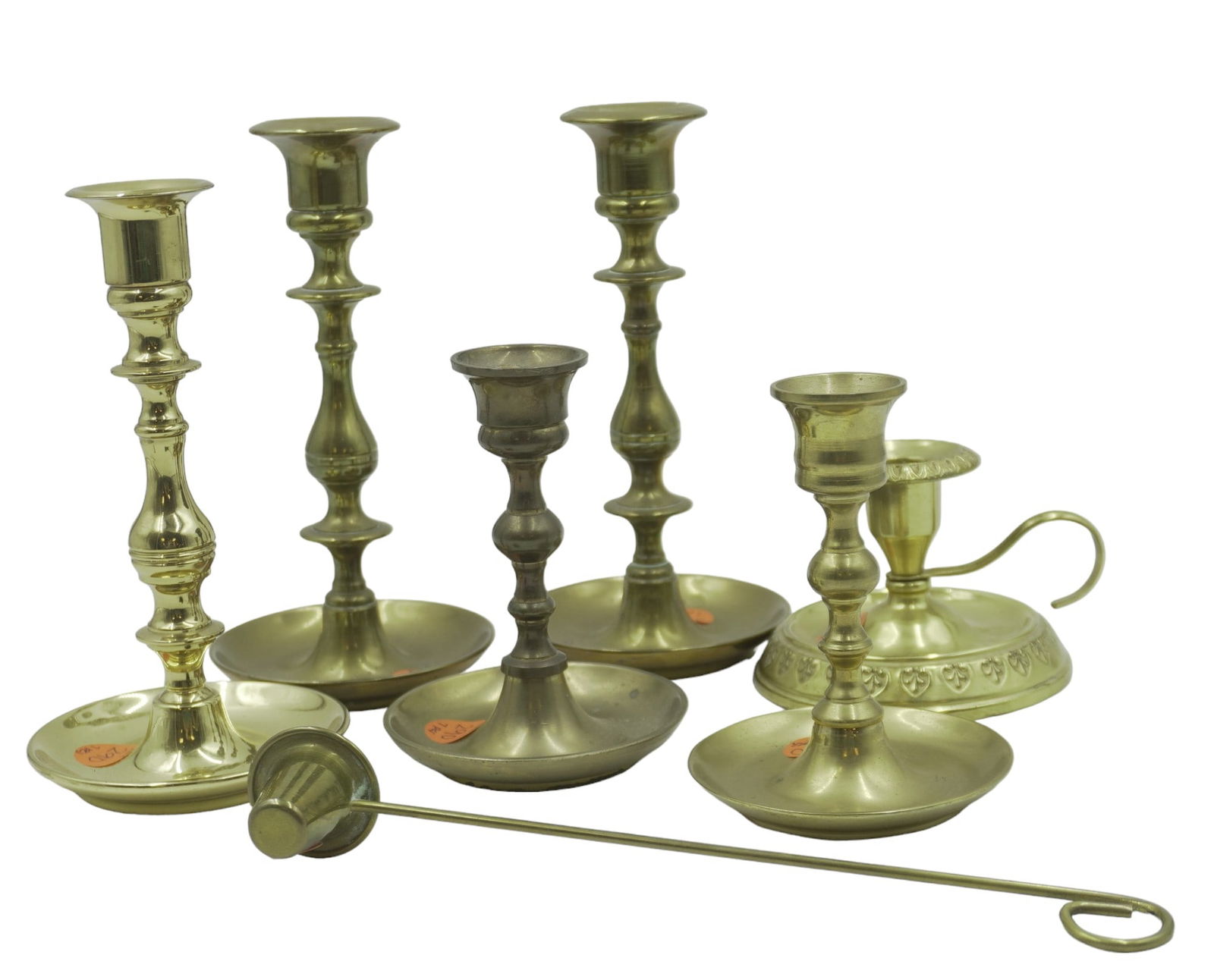 VINTAGE AND ANTIQUE BRASS CANDLESTICK HOLDERS - 7 Pieces: 7 Vintage and Antique Brass Candlestick Holders, including Baldwin Brass and a brass candlestick snuffer. Total lot weight is 5 lbs 1 oz.