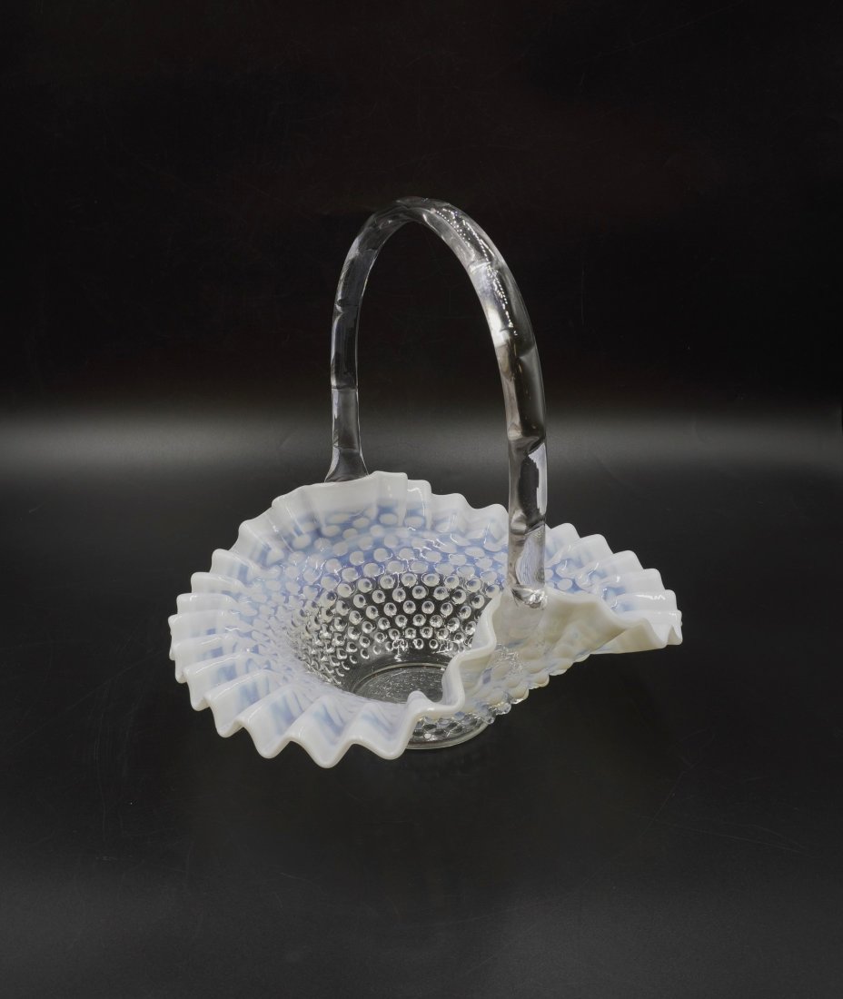 FENTON FRENCH OPALESCENT LARGE BASKET: Fenton Large French Opalescent Basket. Unmarked. Measures 10.5"x8.25"x10.5". Weight 2 lbs