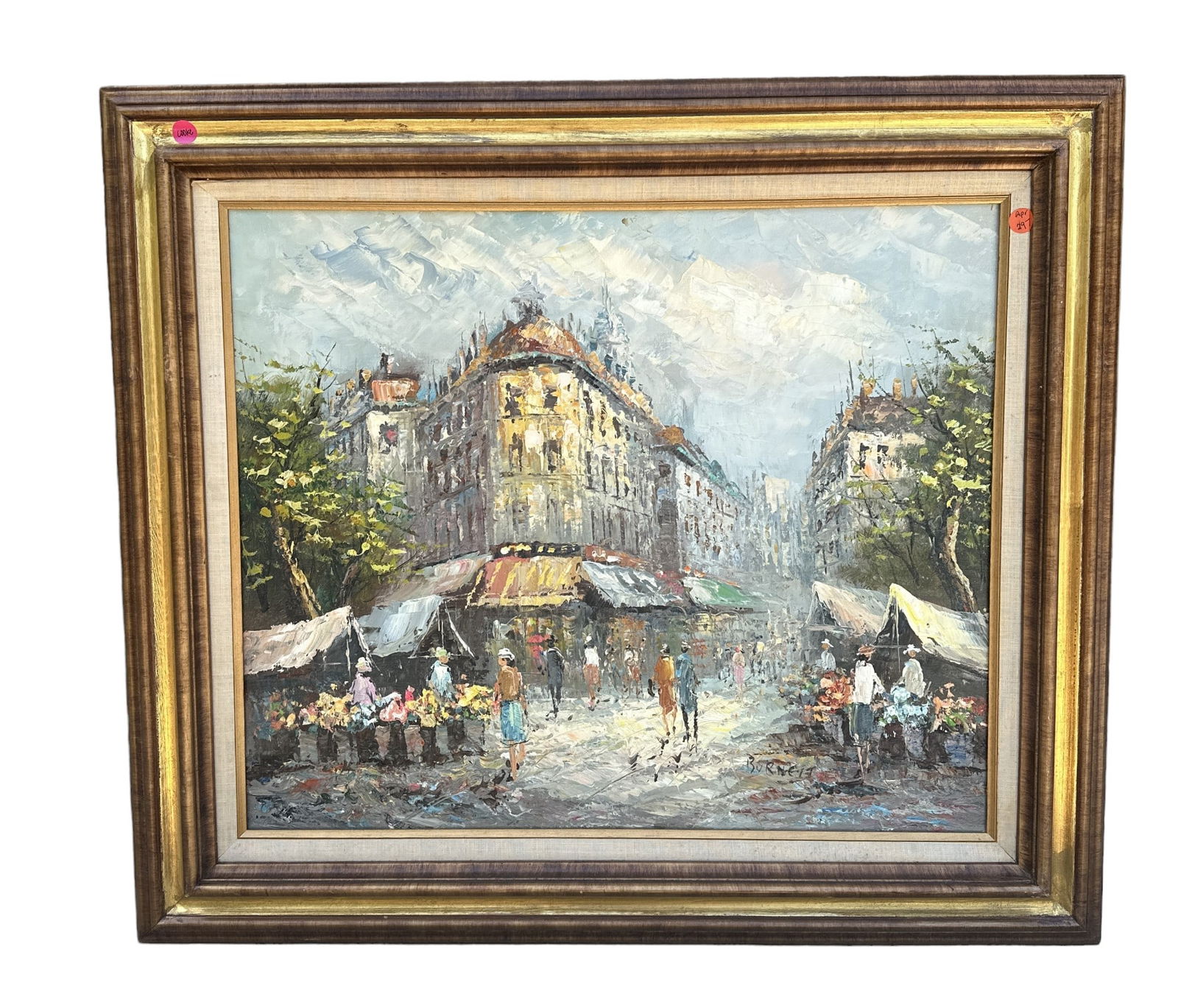MCM PARIS STREET SCENE BURNETT OIL ON CANVAS: MCM Oil on Canvas Paris Street Scene signed Burnett In wood and gilt frame with linen liner. Measures 31"x28"x2". Weight 7 lbs 7 oz.