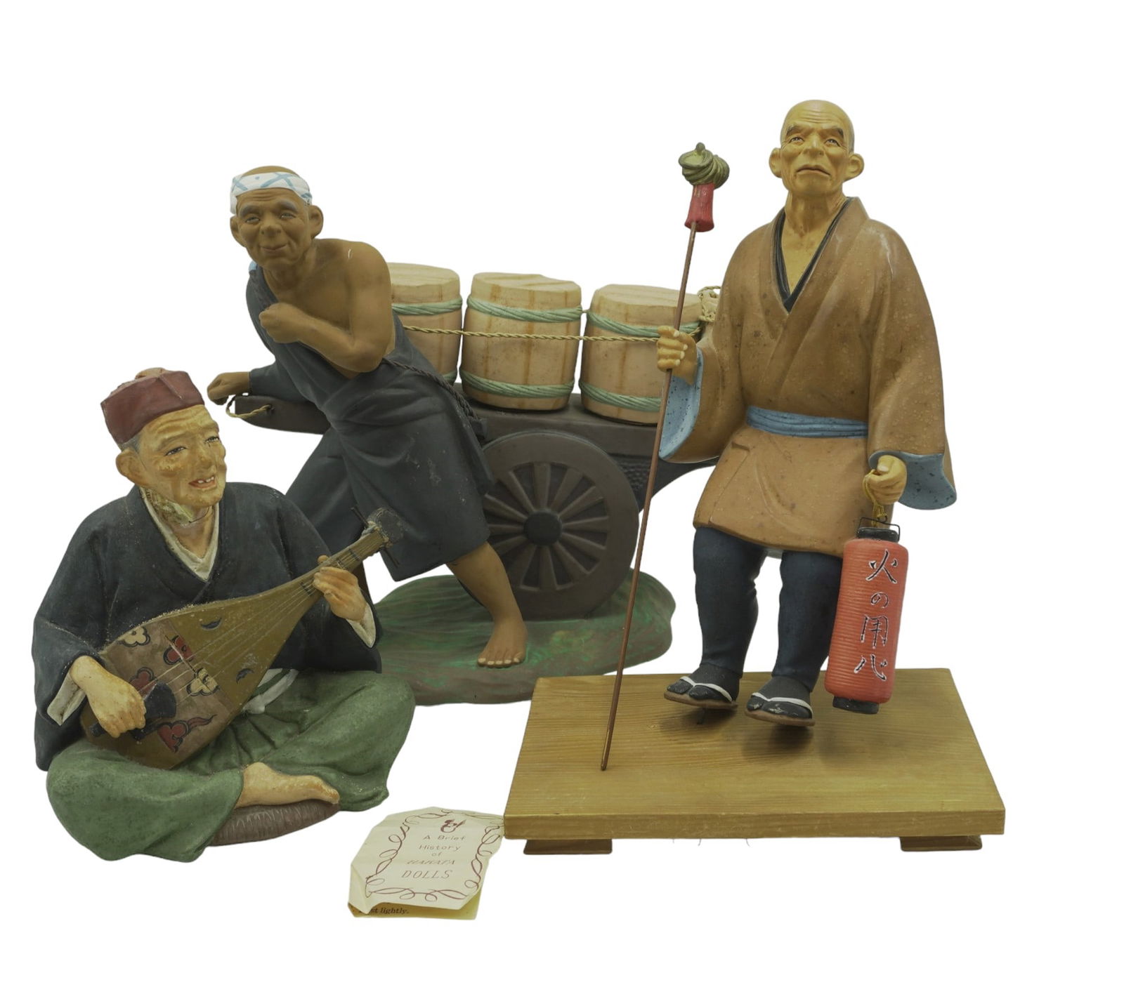 HAKATA DOLLS BY HAKATA URASAKI DOLL CO. - 3 PIECES: Hand Painted clay Hakata Dolls by Hakata Urasaki Doll Co. from Fukuoka City, Japan. Total lot weight is 11 lbs.