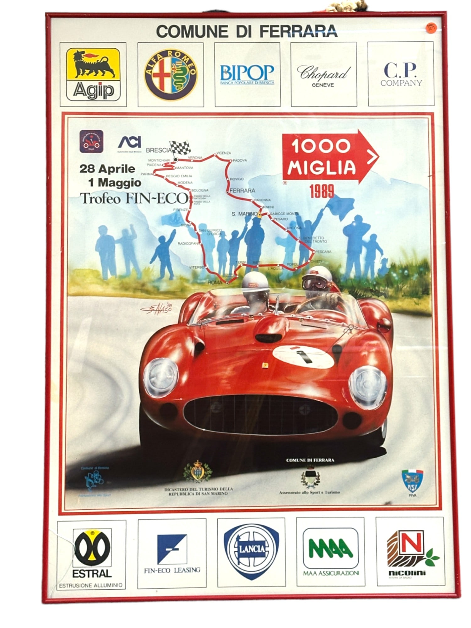 1989 1000 MIGLIA FERRARI RACING POSTER: 1989 1000 Miglia Ferrari racing Poster. Art by Enaso. Great colors and image of a Ferrari. Has some edge wear 39 1/2"x27 1/2". Total weight 10 lbs. PROVENANCE: Terri Henning, The Peoples Building Pent