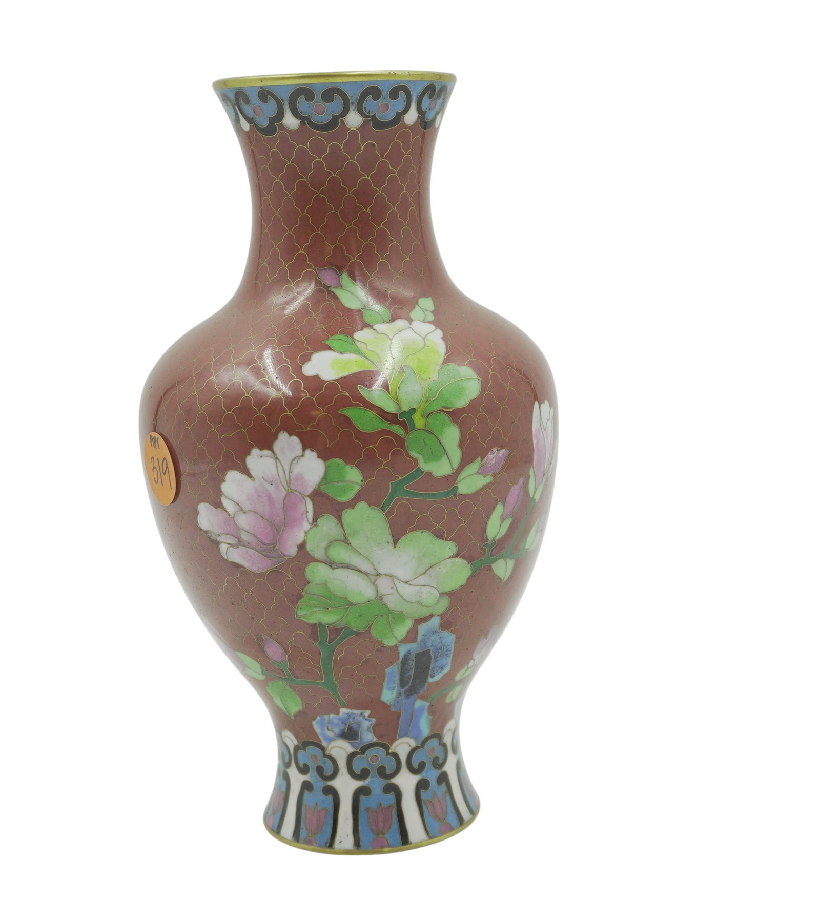 VINTAGE RED FLORAL CLOISONNE VASE: Vintage Red Floral Cloisonne Vase, circa 1940s. Measures about 8.5" tall and 4" in diameter at widest point. Total weight is 1 lb 4.6 oz.