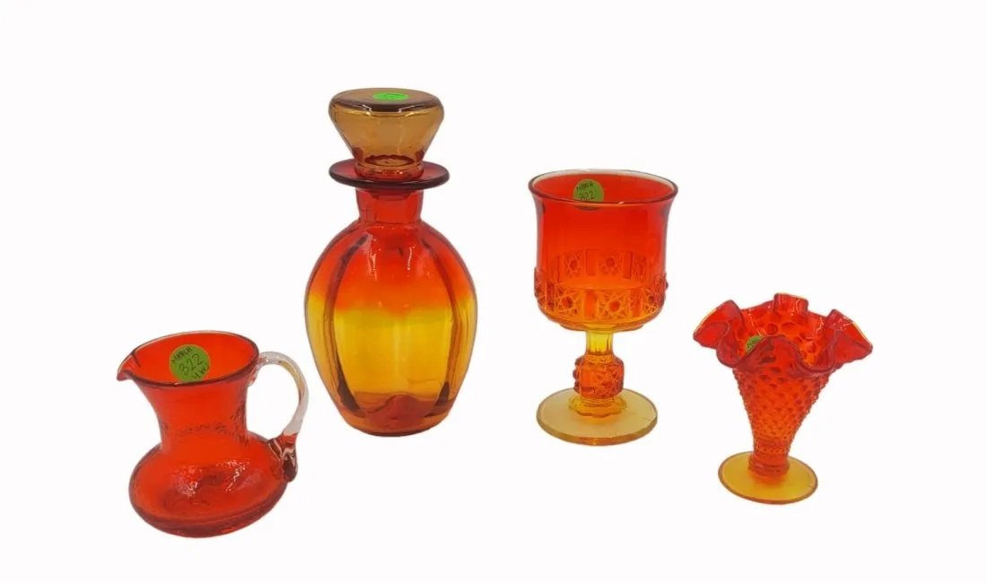 4 PIECES AMBERINA GLASS: 4 pieces of Amberina glass. This lot includes 1) LG Wright daisy and cube amberina goblet 2) Fenton amberina hobnail mini ruffle vase 3) Miniature hand blown Amberina crackle glass pitcher 4) Hand Blo