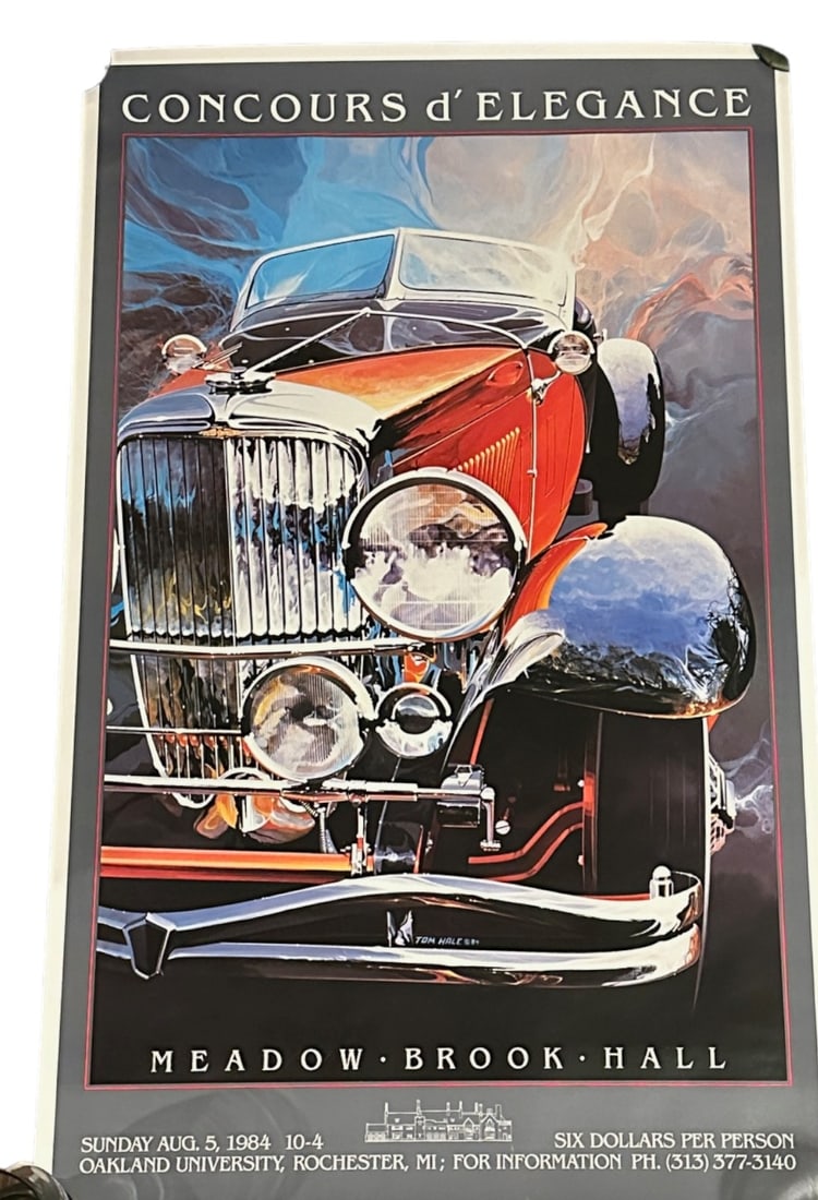 1984 MEADOW BROOK HALL CONCOURS SIGNED TOM HALE POSTER: Meadow Brook Hall Concours d' Elegance 1984 Poster Signed Tom Hale 95/300. Measures 22" x 35". Total Weight 4.3 oz. Unframed, rolled. PROVENANCE: Terri Henning, The Peoples Building Penthouse,18 Broad