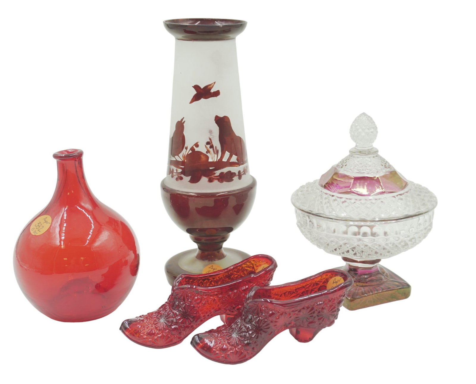 LOT OF AMBER/RUBY GLASS - 5 PIECES: Lot of vintage/antique Amber and Ruby Glass. This lot includes 1) Westmoreland Hobnail covered candy dish 2) Frosted and Ruby Glass Vase 3) 2 daisy and button pattern ruby glass shoes 4) Hand Blown re