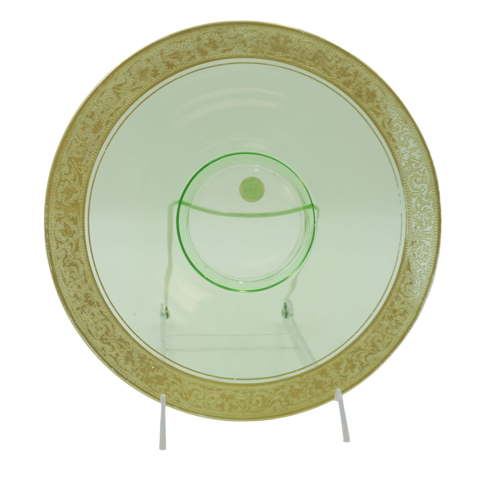 DEPRESSION GOLD EMBOSSED VASELINE GLASS DINNER PLATE: Depression gold embossed vaseline glass dinner plate. Measures 11" in diameter and weighs 1 lb 10 oz.