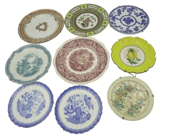 9 VINTAGE PORCELAIN TRANSFERWARE & MORE PLATES WITH HANGERS