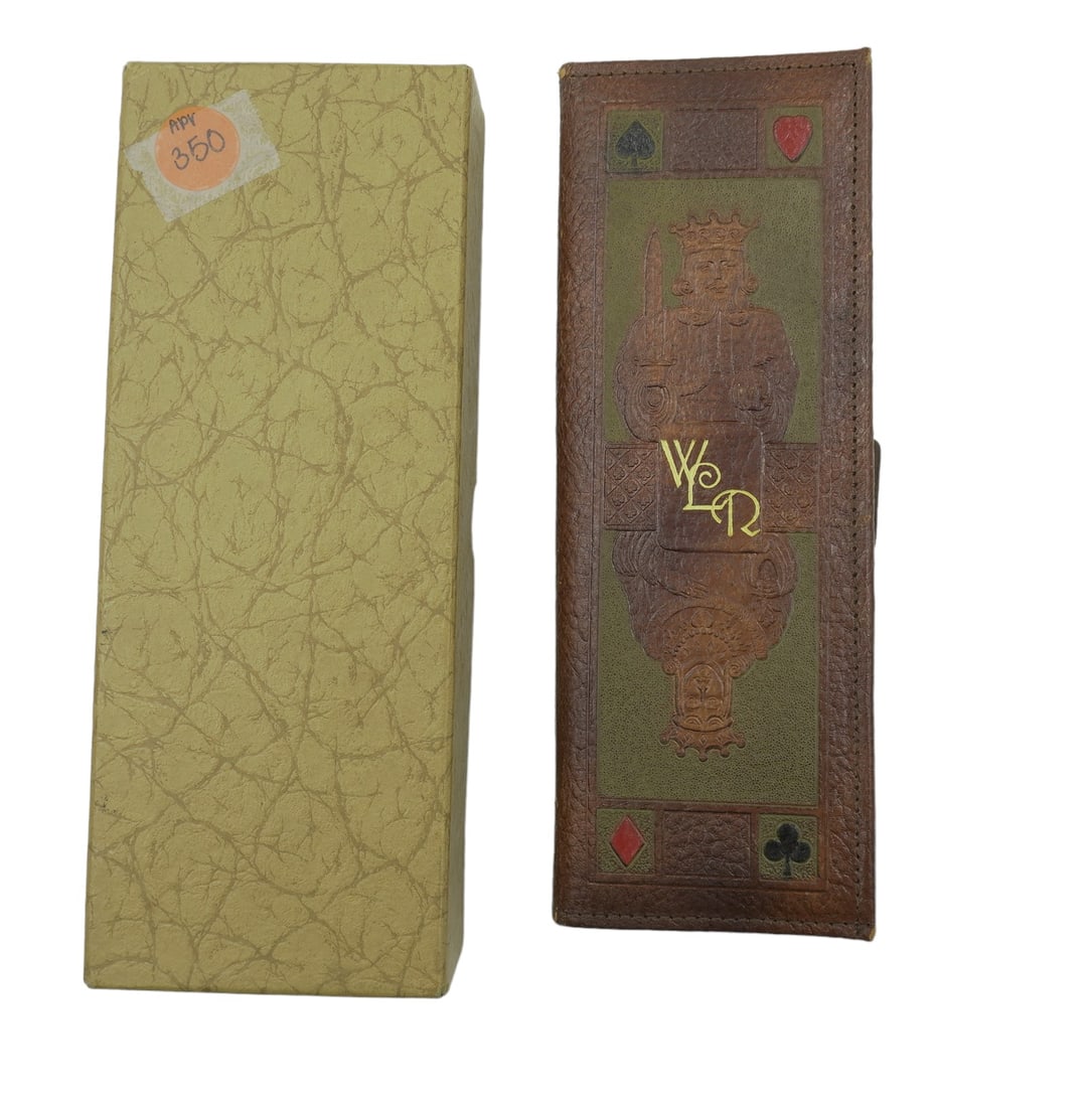 VINTAGE BRIDGE AND GIN RUMMY SET: Vintage Bridge and Gin Rummy Set in Leather Case. Includes score pad, card decks, and rule cards. Measures 7.75" x 2.75" x 1.5", weighs 11.9 oz.