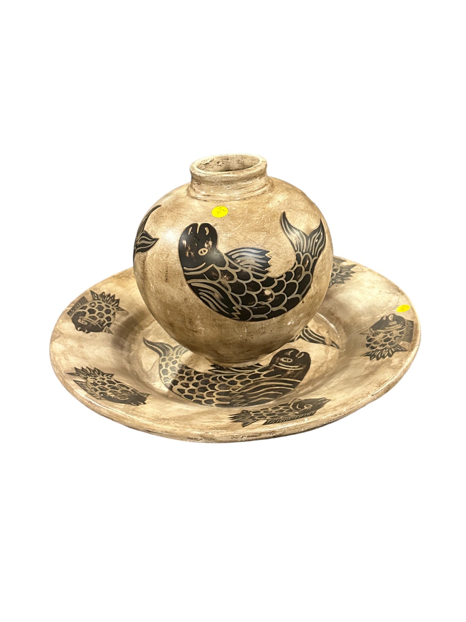 LARGE KOI POTTERY CHARGER & VASE (1 of 5)