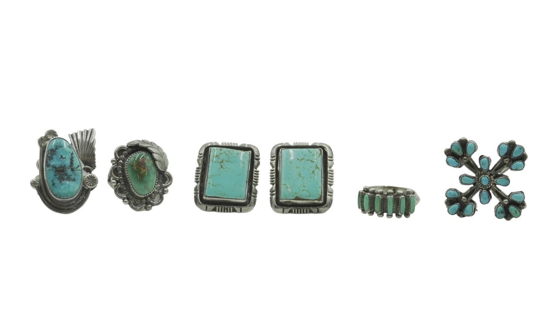 5 STERLING & TURQUOISE NAVAJO RINGS - EARRINGS - BROOCH (1 of 12)