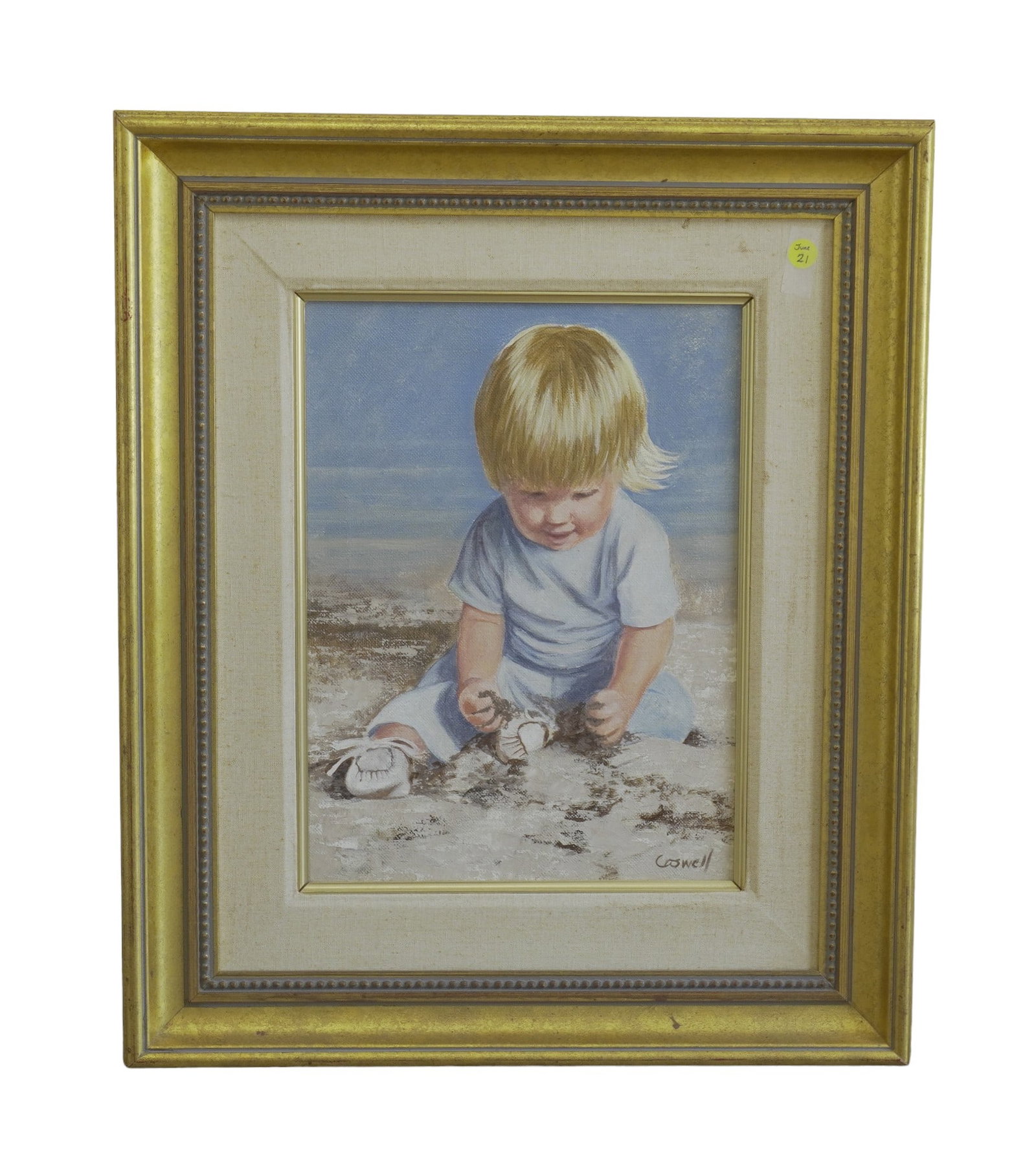HELEN CASWELL OIL ON CANVAS YOUNG BOY "SAND": Helen Caswell Oil on Canvas "Sand" with a young boy on the beach. Helen Rayburn Caswell was born in Long Beach, CA in 1923. As well as painter, Caswell was also the author-illustrator of several child