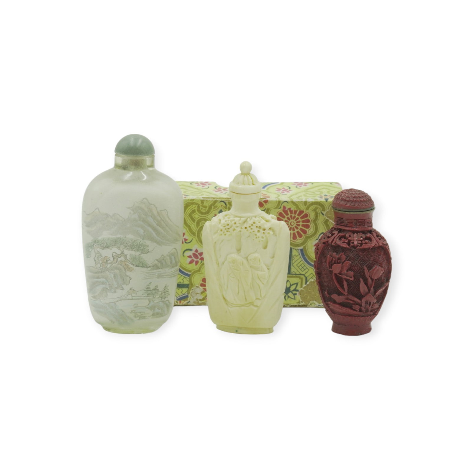 3 CHINESE SNUFF BOTTLES CINNABAR - BONE - GLASS: 3 Vintage Chinese Snuff Bottles. Reverse Painted Glass in Box 3.25". Hand Carved Bone 2.75". Cinnabar 2.25", hole drilled in bottom. Both the bone and cinnabar lids appear to be stuck. Weight on all 4