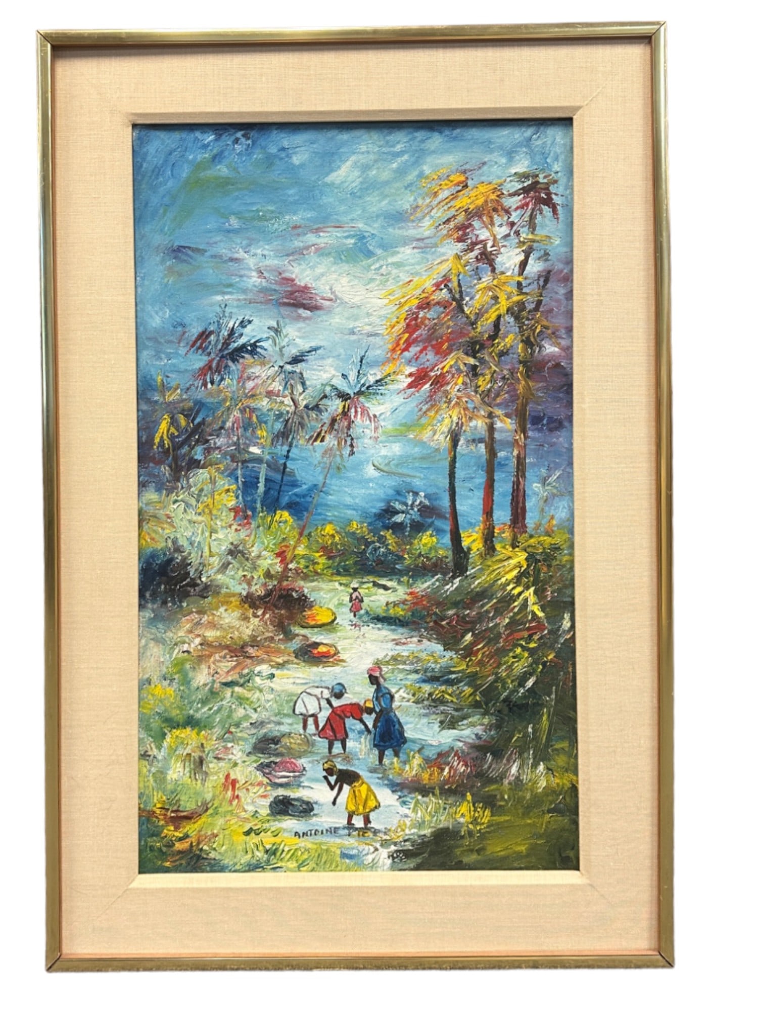 ANTOINE PIERRE HAITIAN FOLK ART: Antoine Pierre, Haiti, Impressionist Folk Art "Laundry Day". Wood frame with linen liner. In frame 21"x32"x1.25". Weight 6 lbs.
