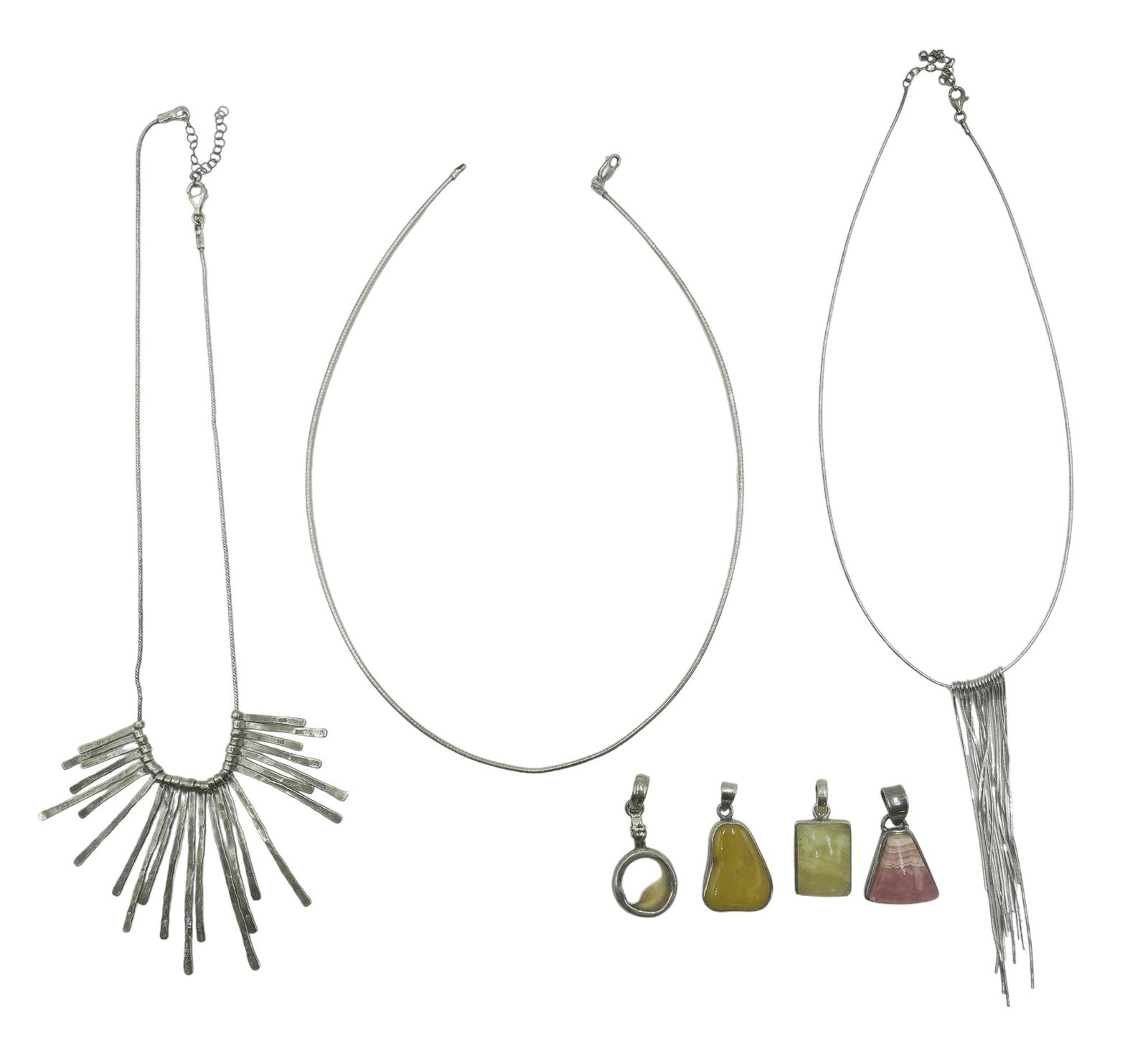 LOT OF STERLING SILVER NECKLACES - 7 PIECES: This lot includes 1) Necklace stamped "925 PZ Israel" 2) Silver dangle necklace 3) Silver necklace stamped "925" 4) 4 stone pendants all marked "925". Total lot weight is 2.5 oz.