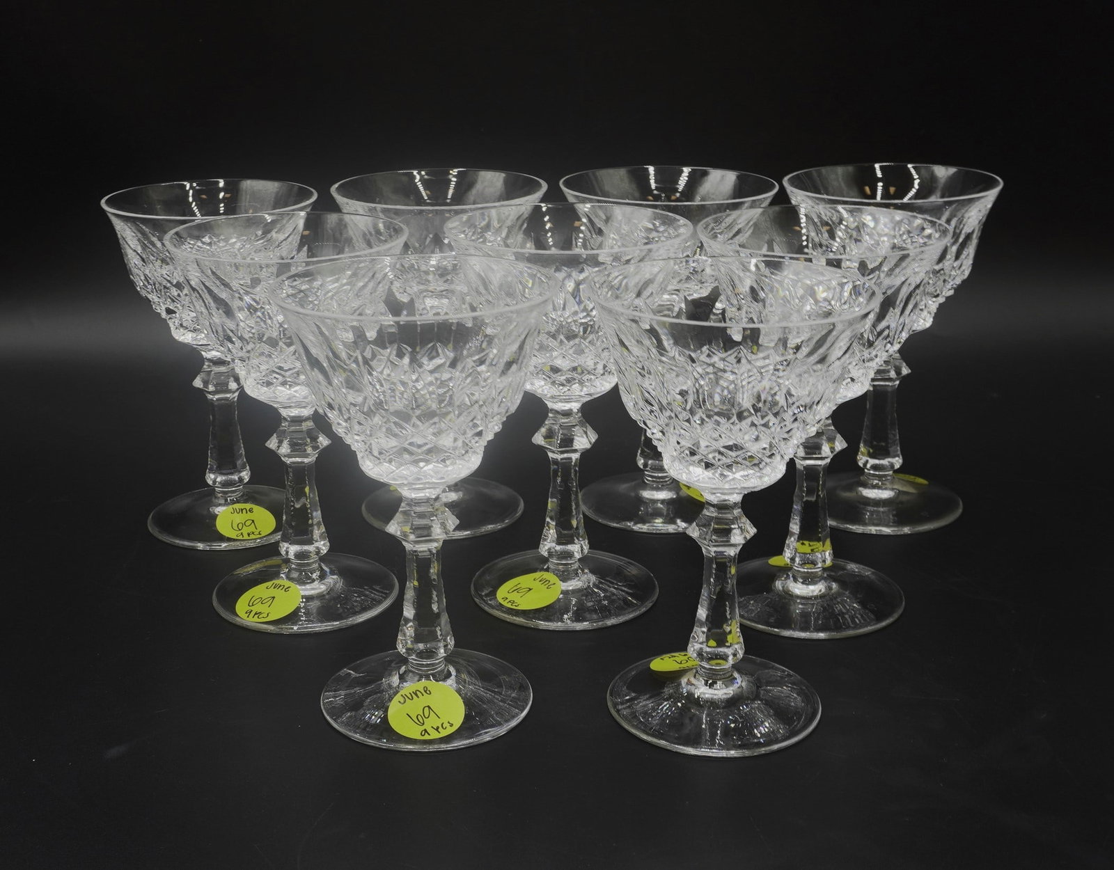 CRYSTAL PEILL OF GERMANY PFALZGRAF WHITE WINE GLASSES - 9 PIECES: 9 Crystal Peill of Germany Pfalzgraf White Wine Glasses. Each measure about 5 5/8" tall. Total lot weight is about 5 lbs